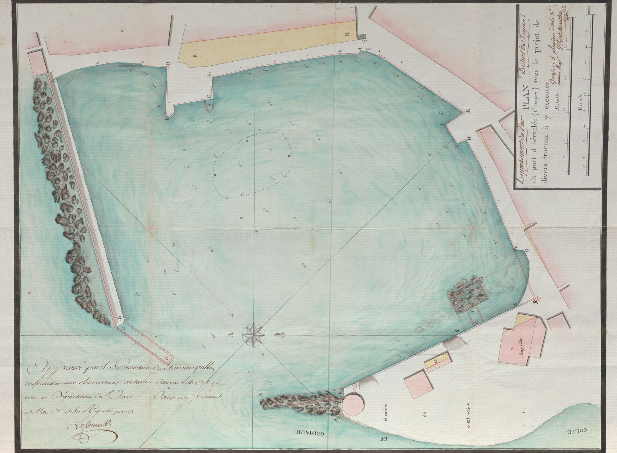 Sur ce très beau plan à l'aquarelle, on voit le port, vu du dessus, formant une anse avec une ouverture étroite. De part est d'autre, de gros rochers servent de contreforts aux parties maçonnées, probablement pour en éviter l'érosion par la houle. La rose des vents nous indique que le Nord se situe sur la gauche du grand côté qui ferme le port. Les bâtiments administratifs, sur la droite ne sont pas détaillés dans leur composition, ce sont de simples formes géométriques. 