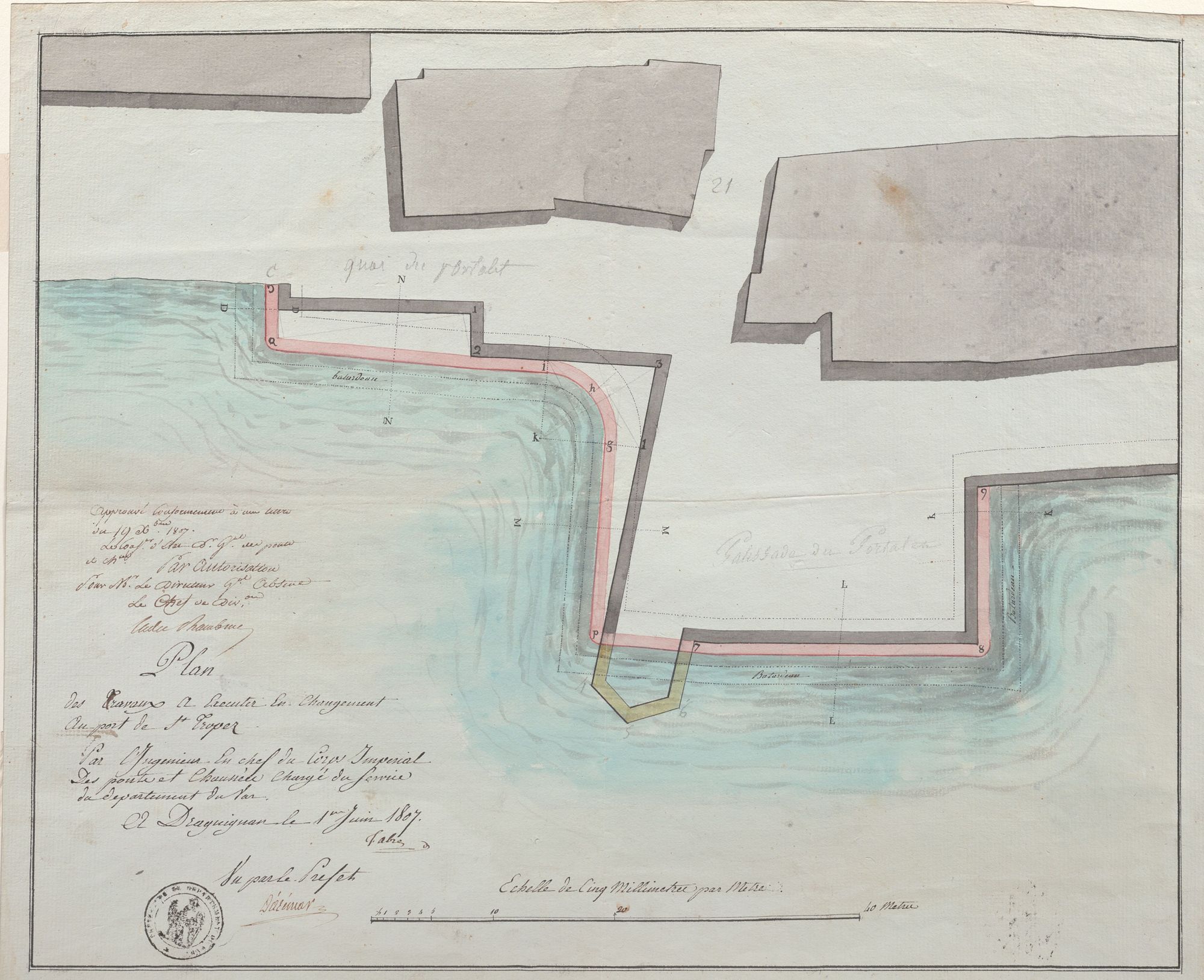 Plan du port d'Héraclée (Saint-Tropez) zoom sur une partie du plan précédent, crayon, encre, aquarelle, 1807. 4 S 41.