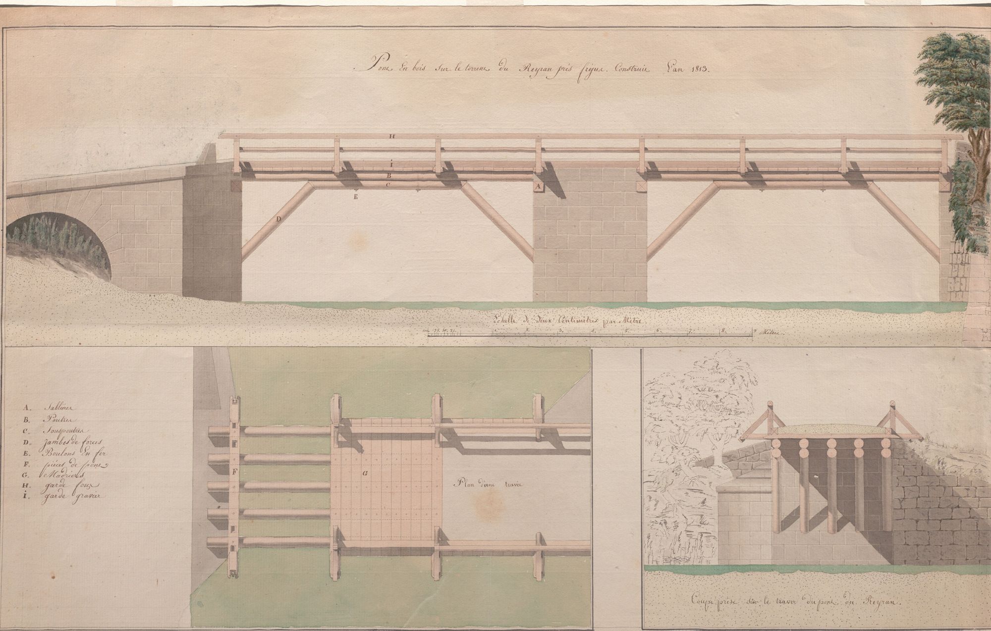 Ce dessin de pont en bois, bien que faisant partie du fond Lantoin ne porte pas sa signature. Il est en format paysage. Il est composé de trois dessins : une vue de côté prenant tout le haut et dessous deux vues différentes : une de dessus, à gauche et l'autre montrant la vue en bas du pont. 
Sur la droite du dessin du haut, un arbre accueille la sortie du pont, sur le dessin du dessous, l'architecte a dessiné les ombres projetées par le tablier du pont. 