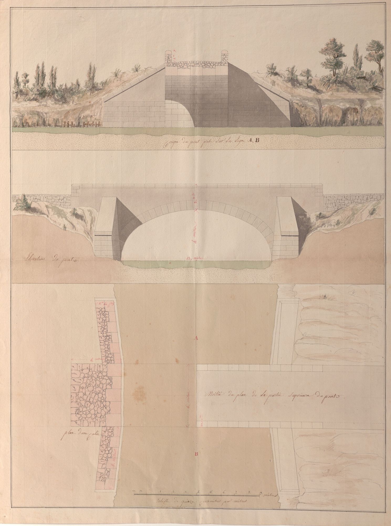 Ce dessin non plus n'est pas signé. Il est en format portrait. Il comporte 3 dessins : les vues des deux côtés du pont et une vue de dessus. 
Sur la vue du haut, de nombreux arbres sont dessinés de part et d'autre du pont. 