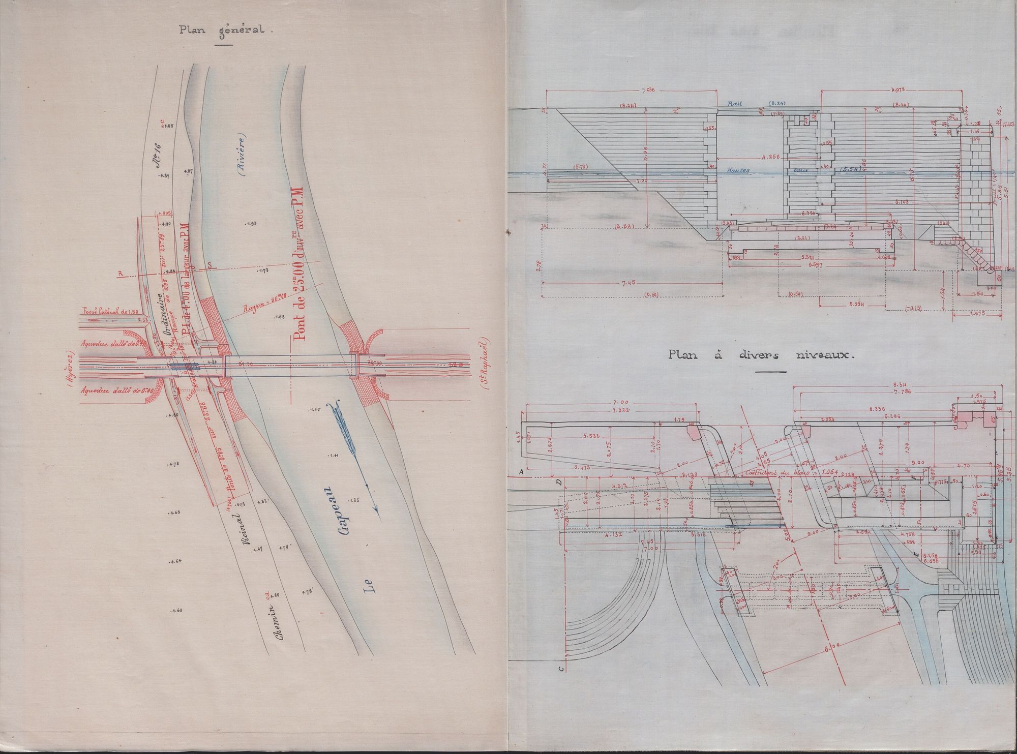 Ce document montre 3 dessins, sur la page de gauche, une illustration nous situe le plan sur le fleuve le Gapeau, sur la droite, des plans très techniques avec de nombreuses indications, sur les différents niveaux du pont.
