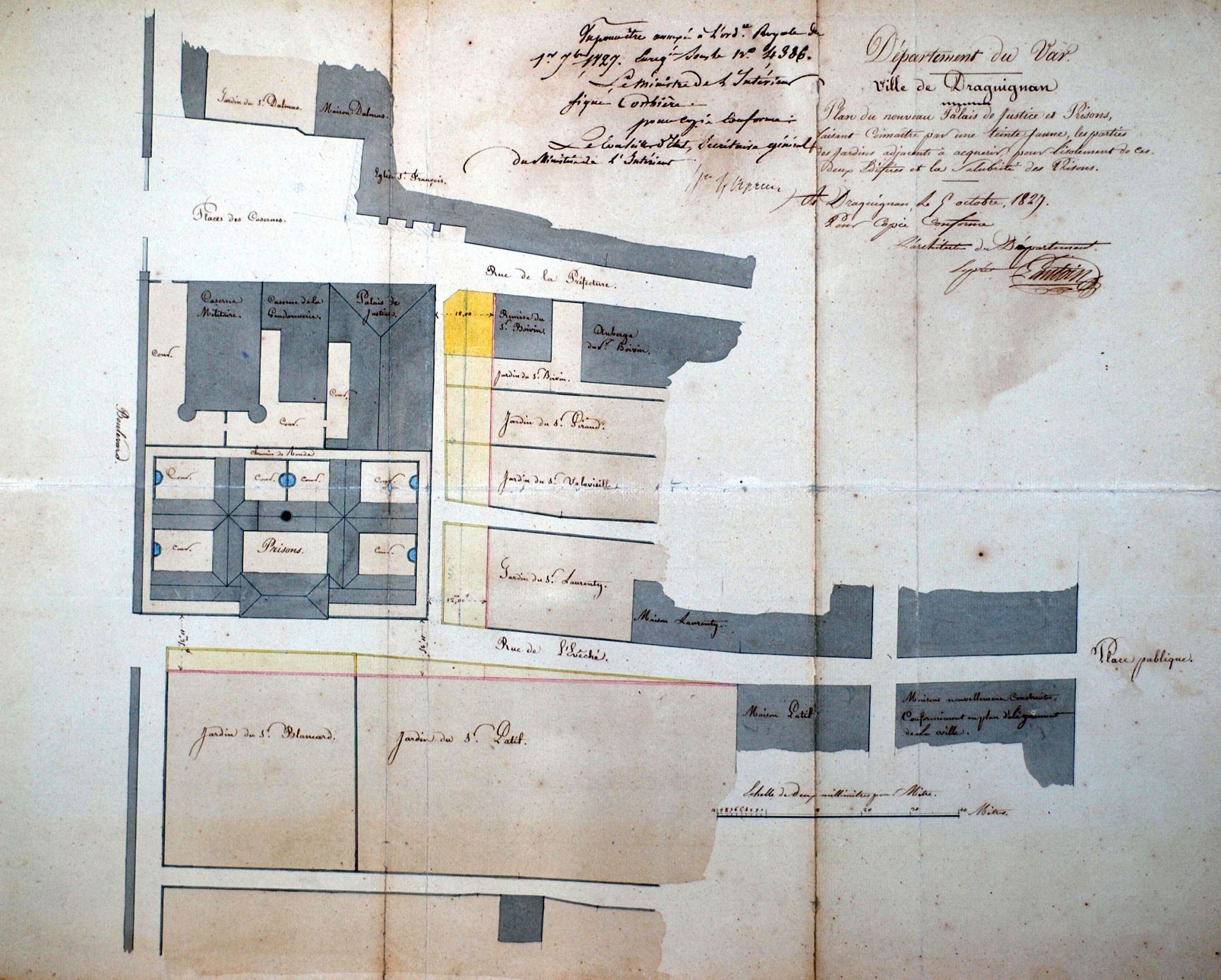Plan du palais de justice et des prisons de Draguignan, rues Nationale et de l'Evêché (1827)