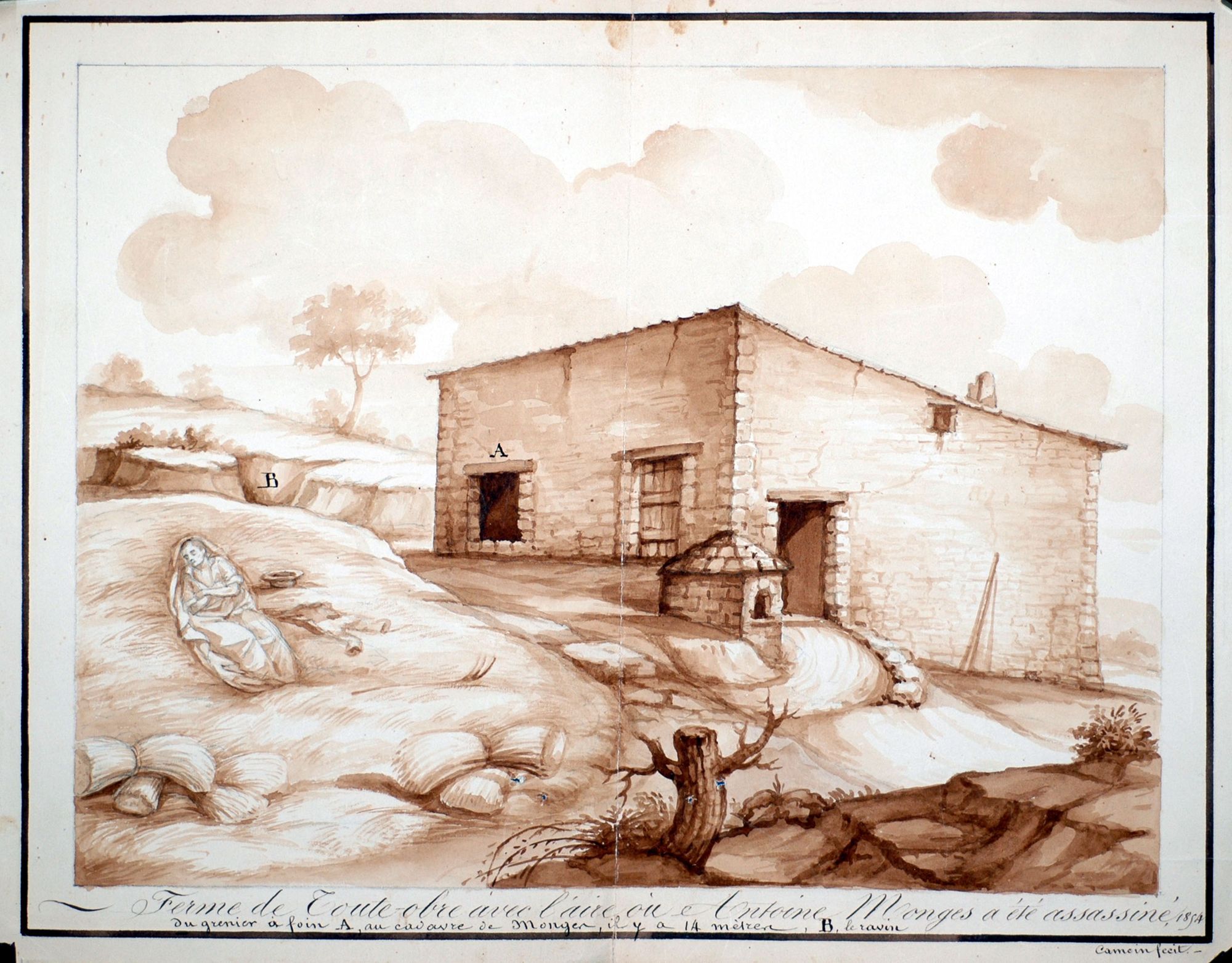 Plan aquarellé de scène de crime (Valensole et Entrevennes, 1854). 2 U 442