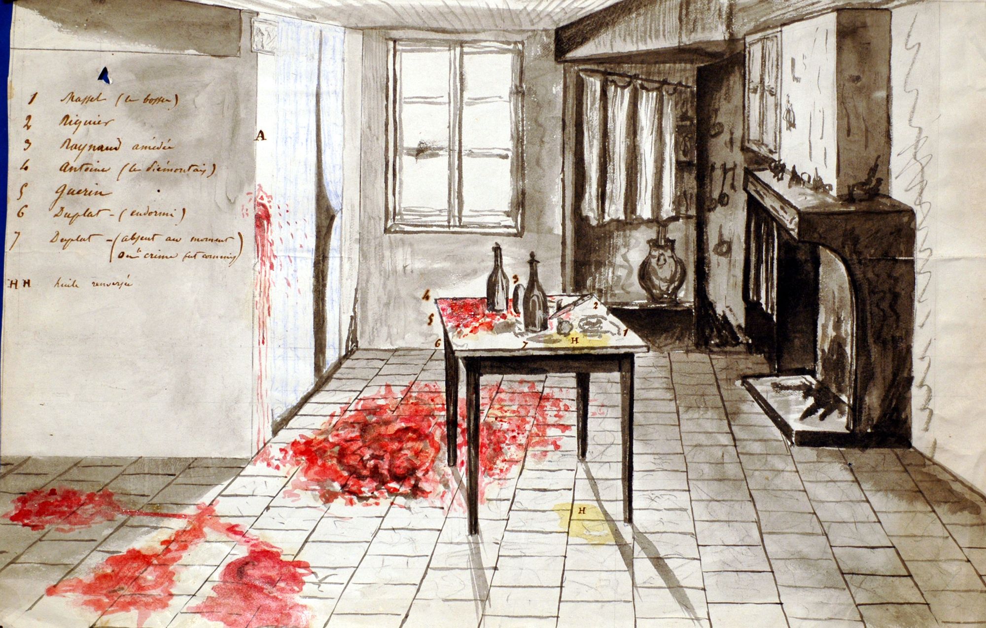 Plan aquarellé de scène de crime (Bormes, 1855). 2 U 451
