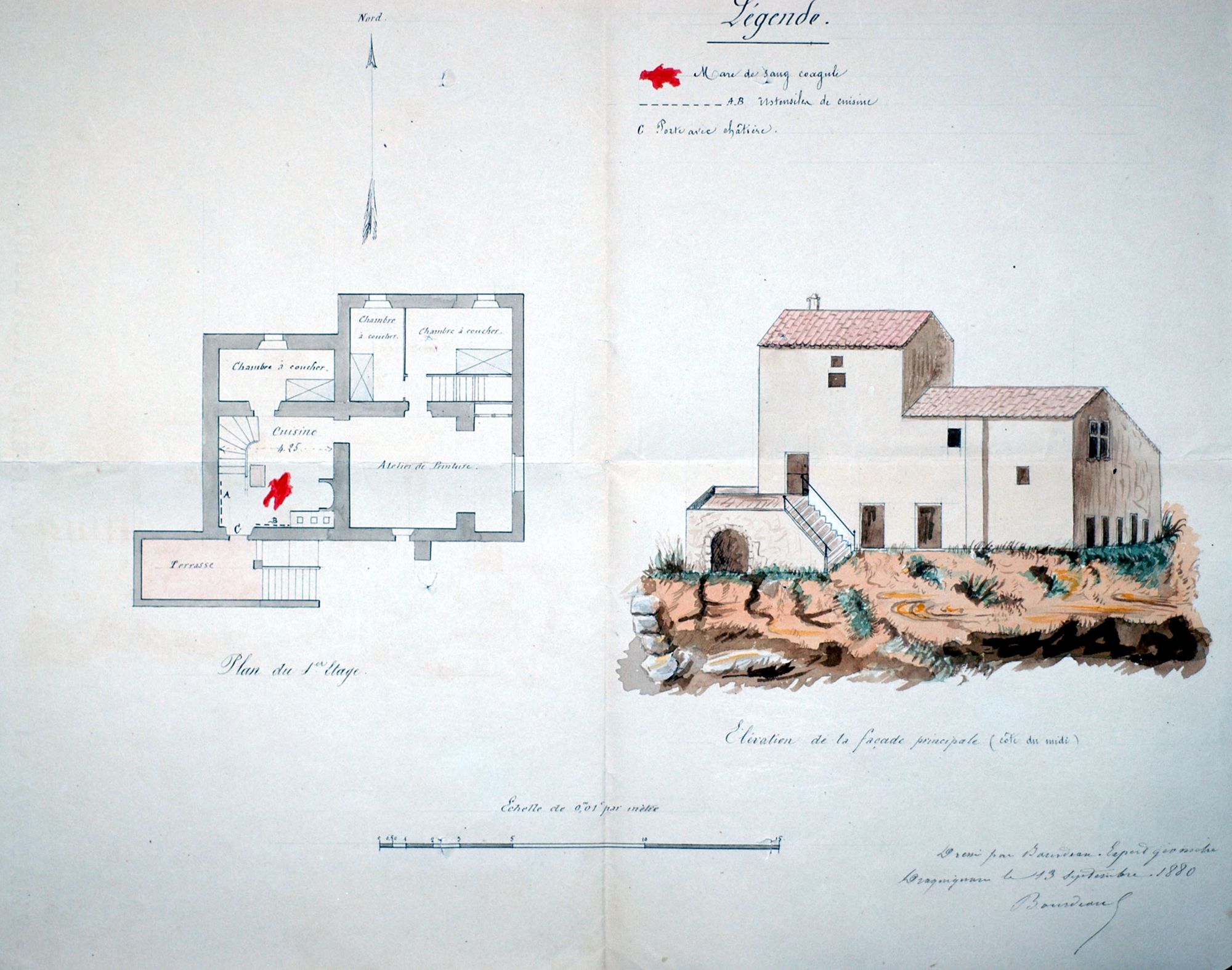 Plan aquarellé de scène du crime (Lorgues, 1880). 2 U 579