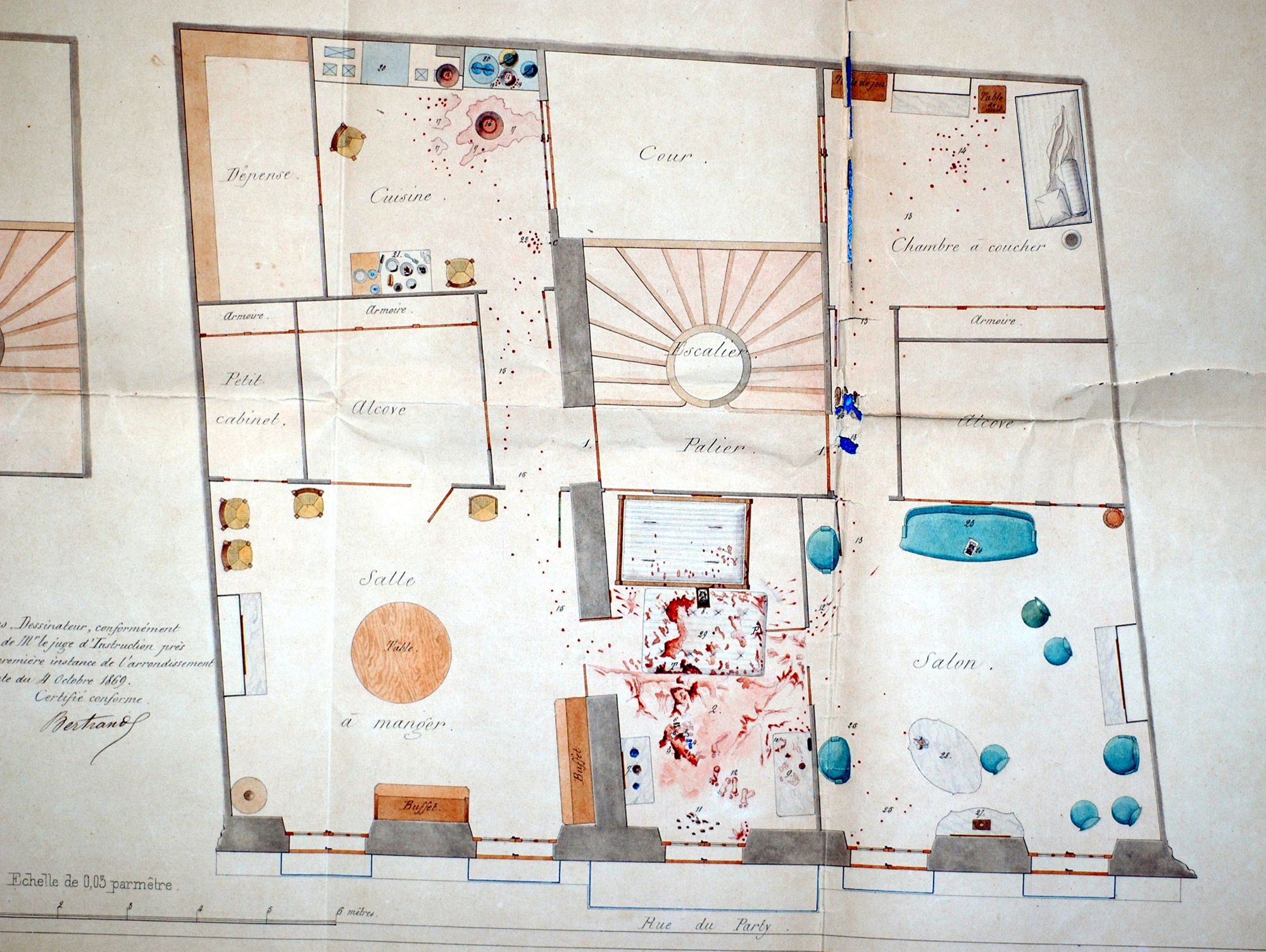 Plan aquarellé de scène de crime (Toulon, 1869). 2 U 525