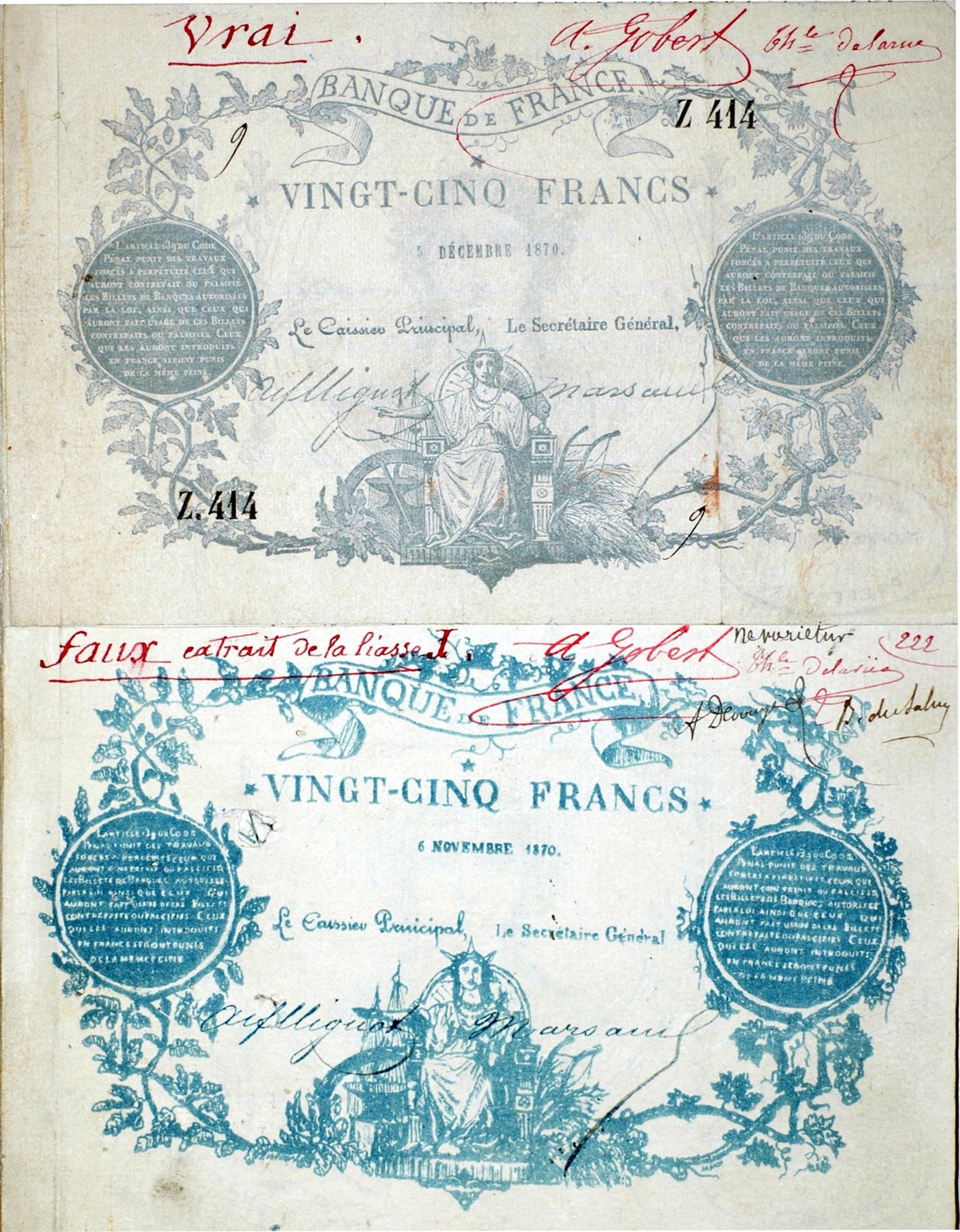 Vrai et faux billets de la Banque de France (1871). 2 U 536