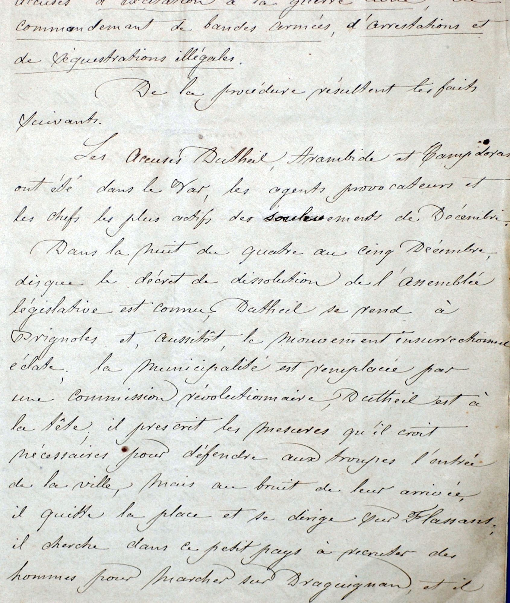 Acte d'accusation contre les trois principaux chefs de l'insurrection républicaine survenue dans le Var contre le coup d'Etat de Napoléon III, en décembre 1851. 2 U 425