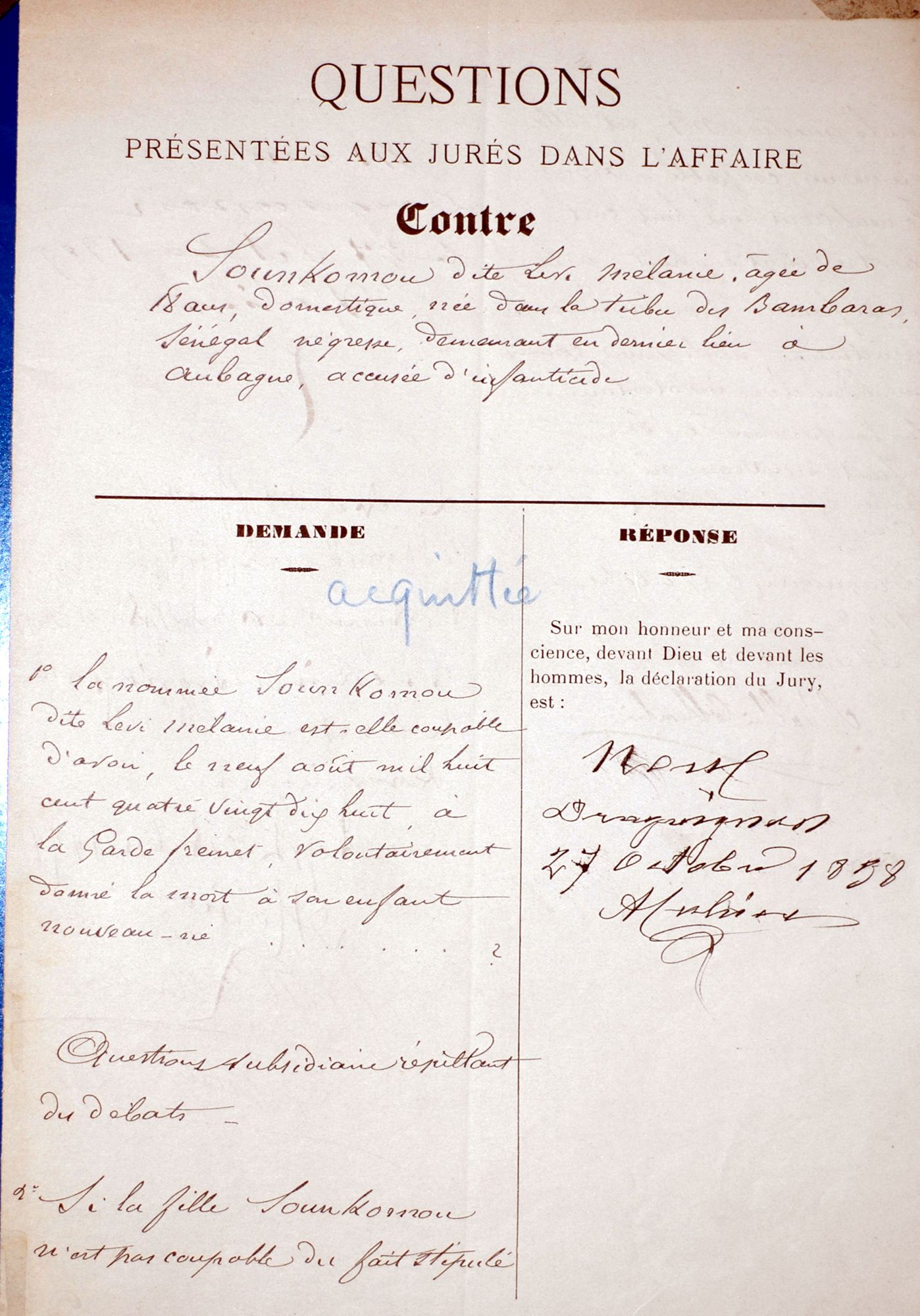 Questions présentées aux jurés lors du procès contre une domestique accusée d'infanticide (1858). 2 U 647