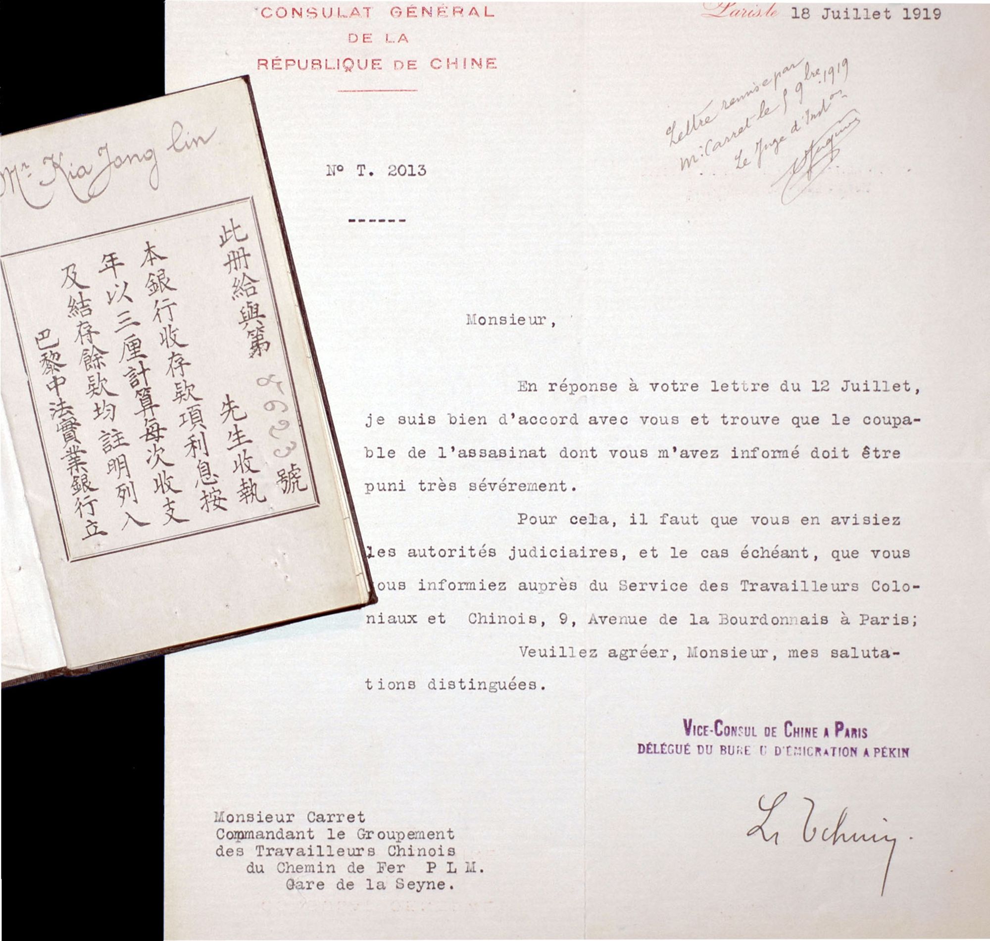 Assassinat d'un ouvrier chinois sur le chantier du chemin de fer de La Seyne (1919). 2 U 735