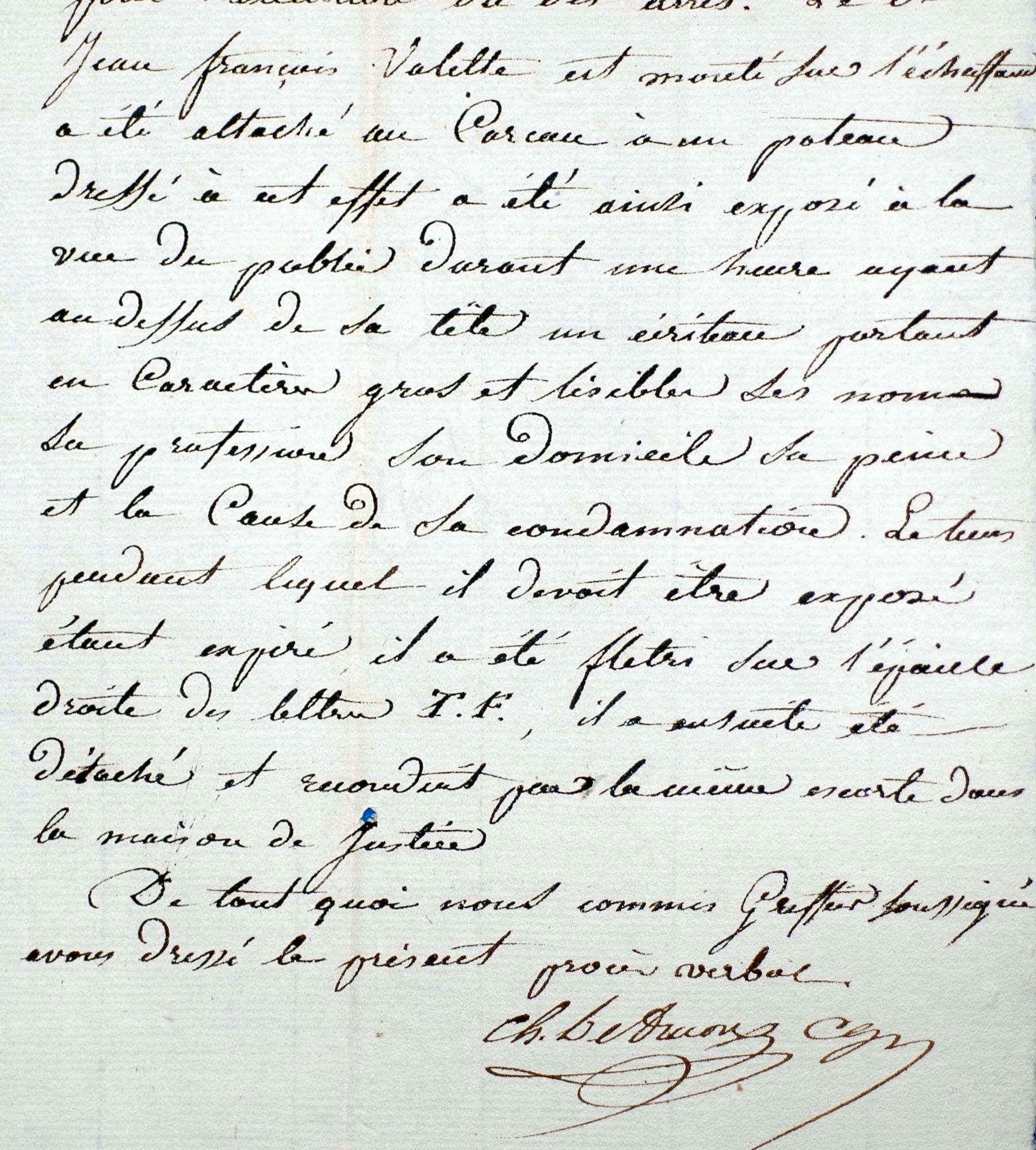 Extrait d'un procès-verbal d'exposition au carcan et à la condamnation aux travaux forcés (1820). 2 U 209