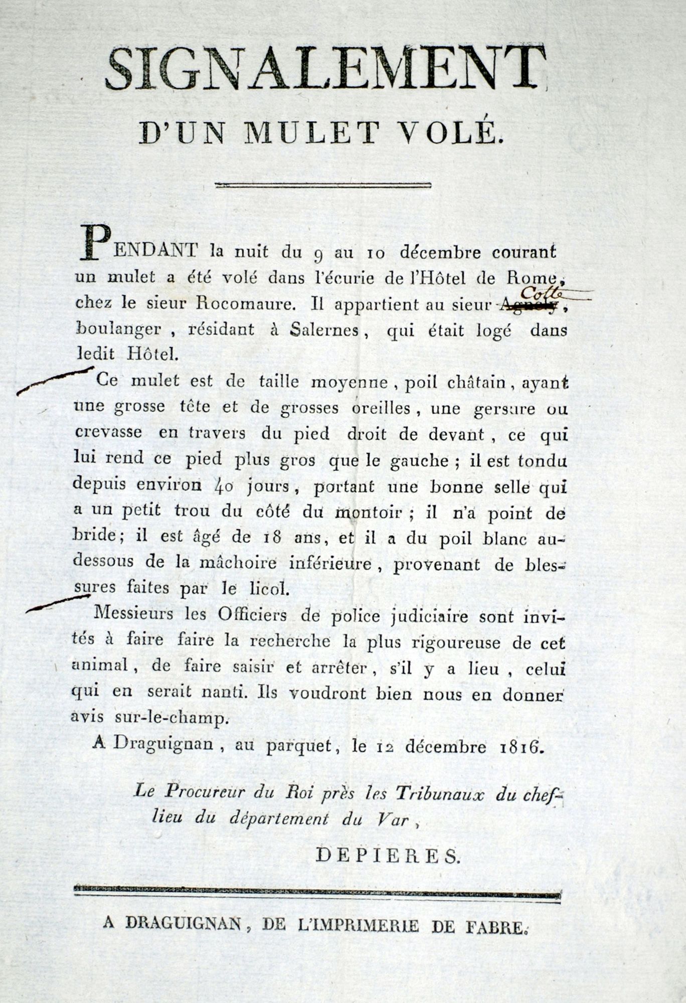 Avis de signalement d'un mulet volé (1816). 2 U 179