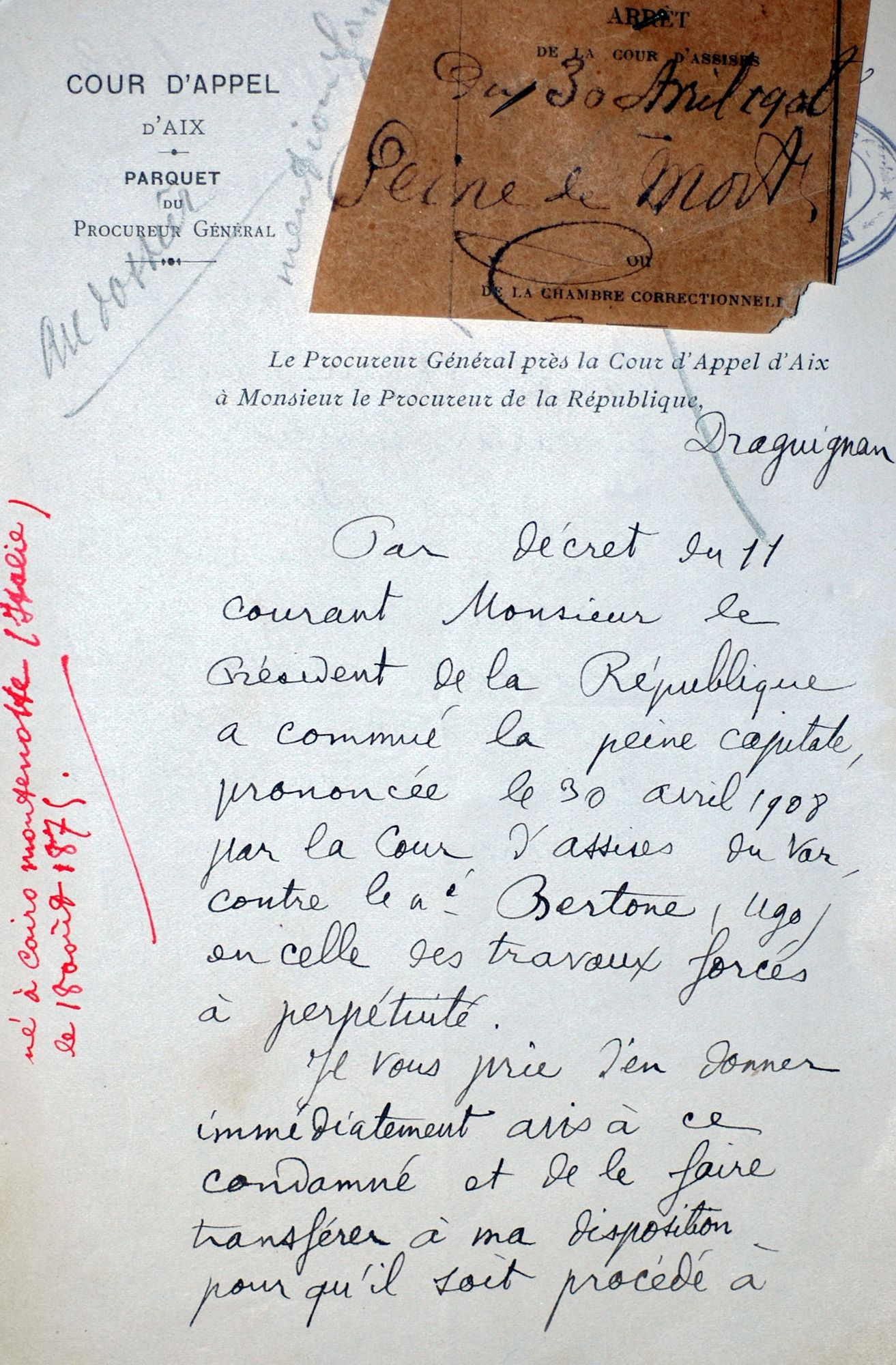 Commutation de la peine capitale en peine aux travaux forcés à perpétuité (1908). 2 U 688