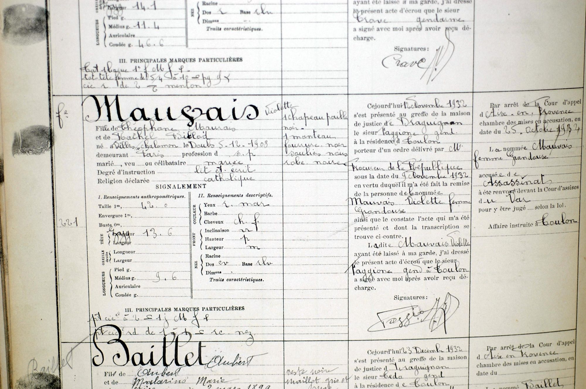 Extrait du registre d'écrou de la maison de justice de Draguignan (1932). 2 Y 2 / 101