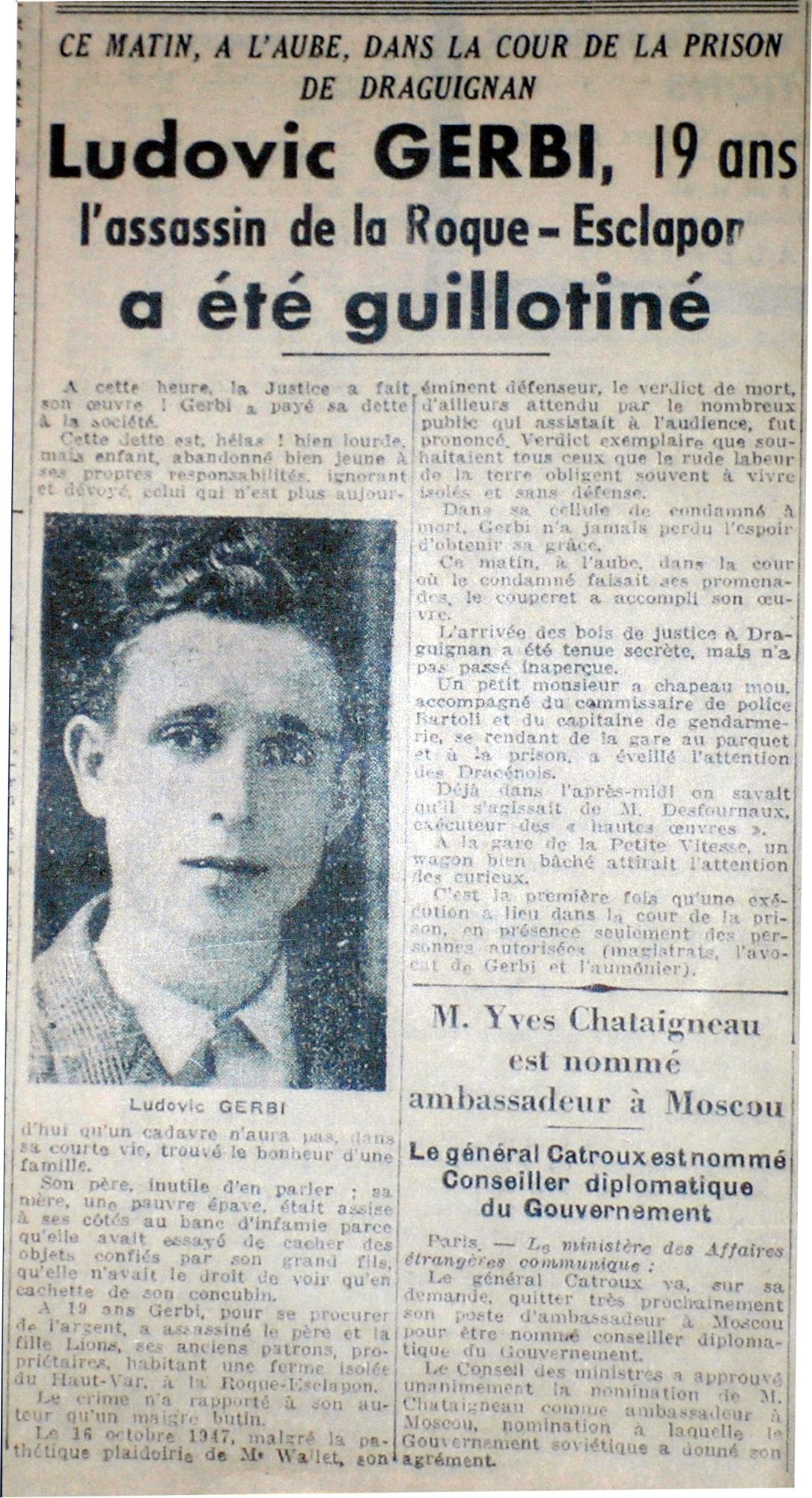 Exécution capitale de GERBI Ludovic (1948), Archives municipales de Nice, Nice Matin du 12 mars 1948