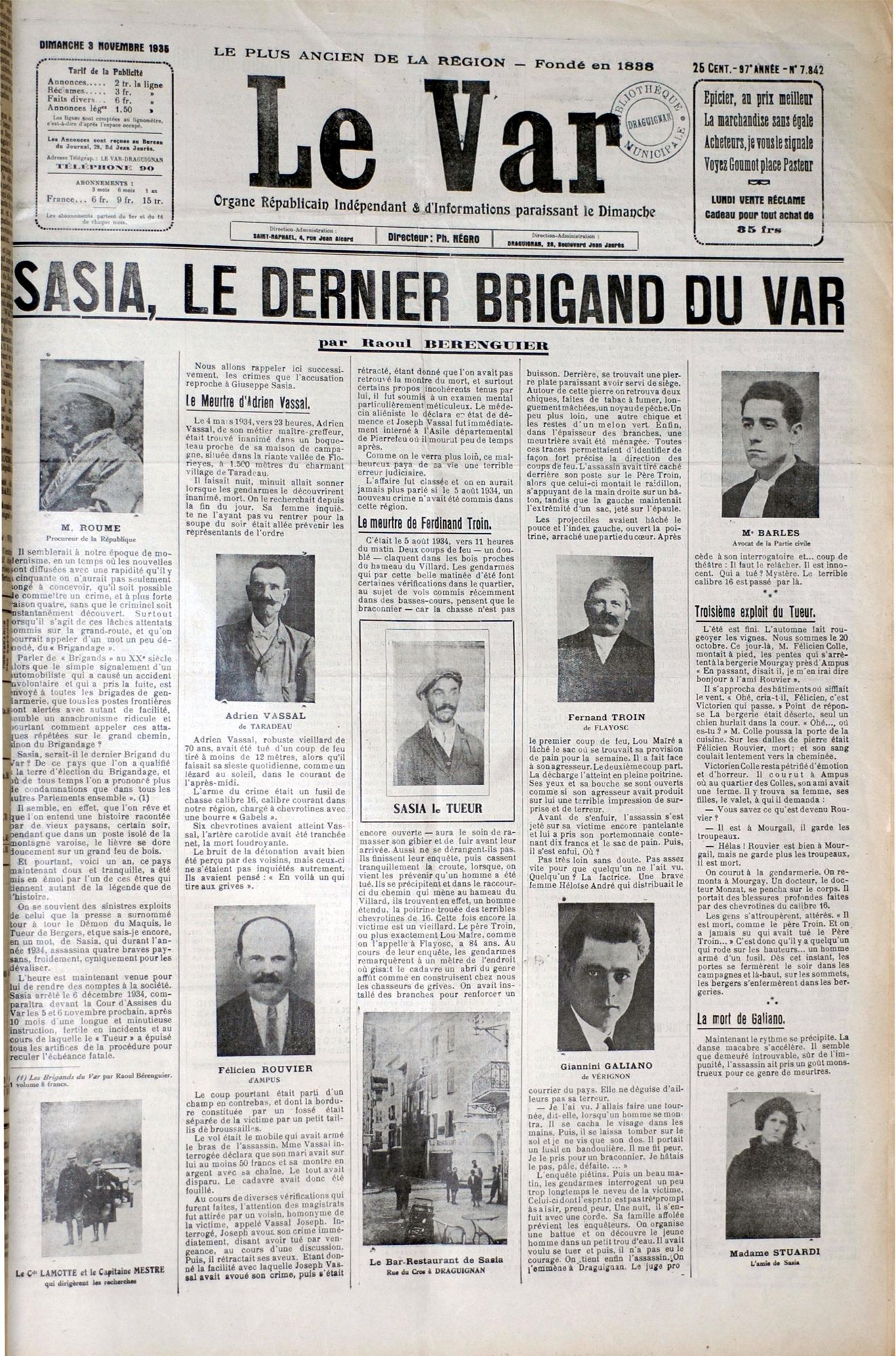 Exécution capitale de SASIA Giuseppe (1935). Médiathèque communautaire de Draguignan, "Le Var" du 3 novembre 1935