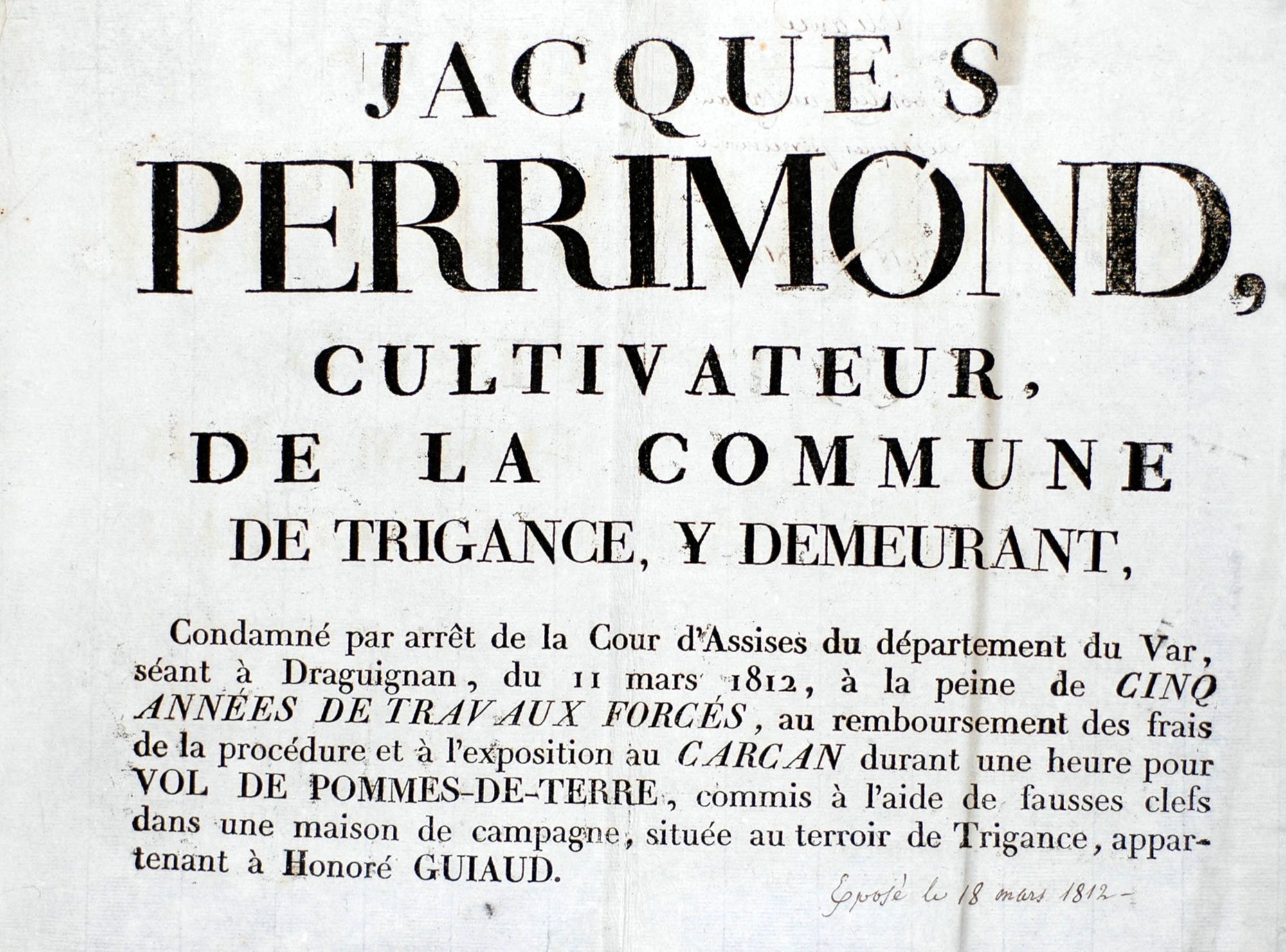 Avis d'exposition au carcan et aux travaux forcés pour un vol de pommes de terre (1812). 2 U 94