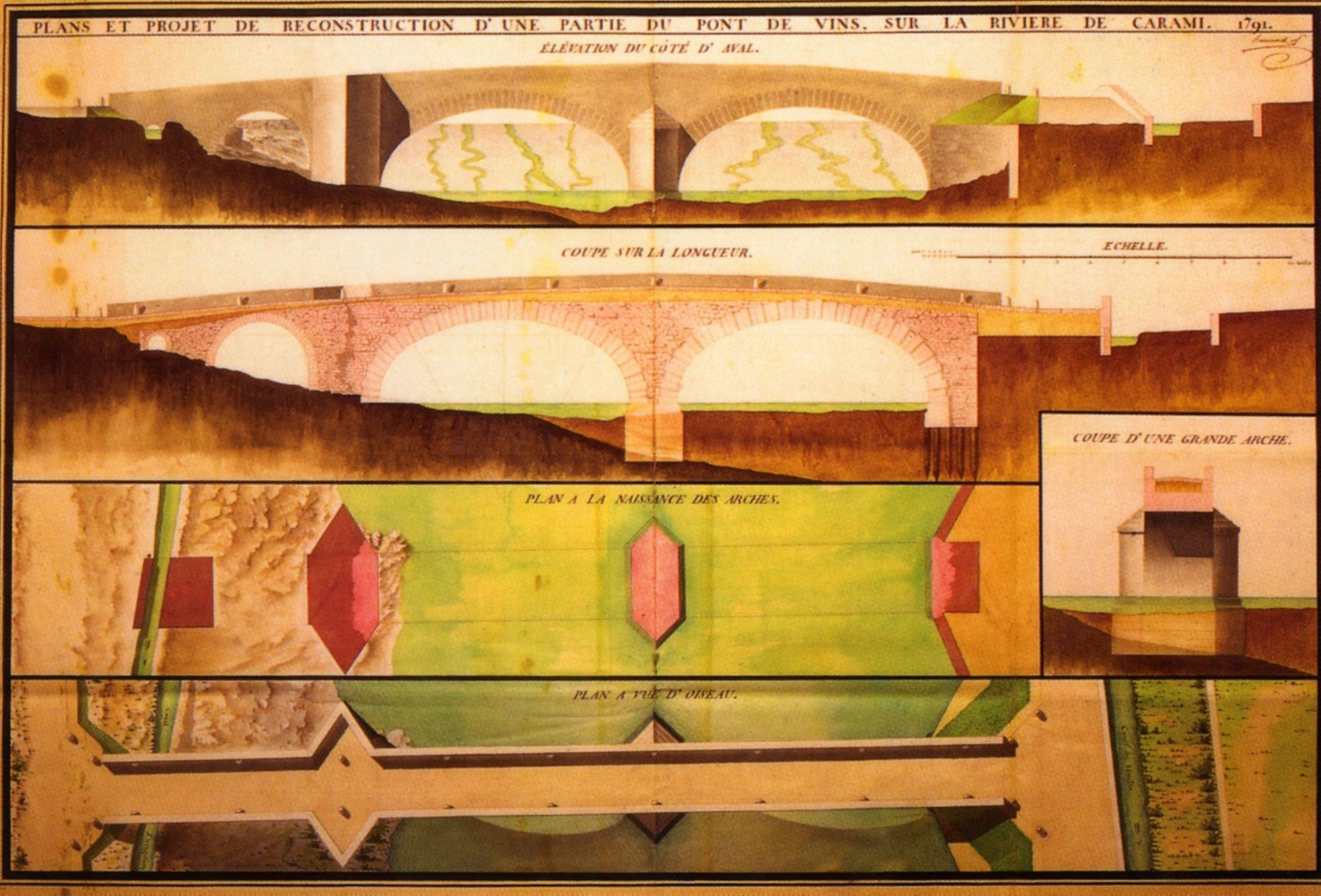 Plan et projet de reconstruction d'une partie du pont de Vins sur la rivière de Caramy (1791) 1 L 886