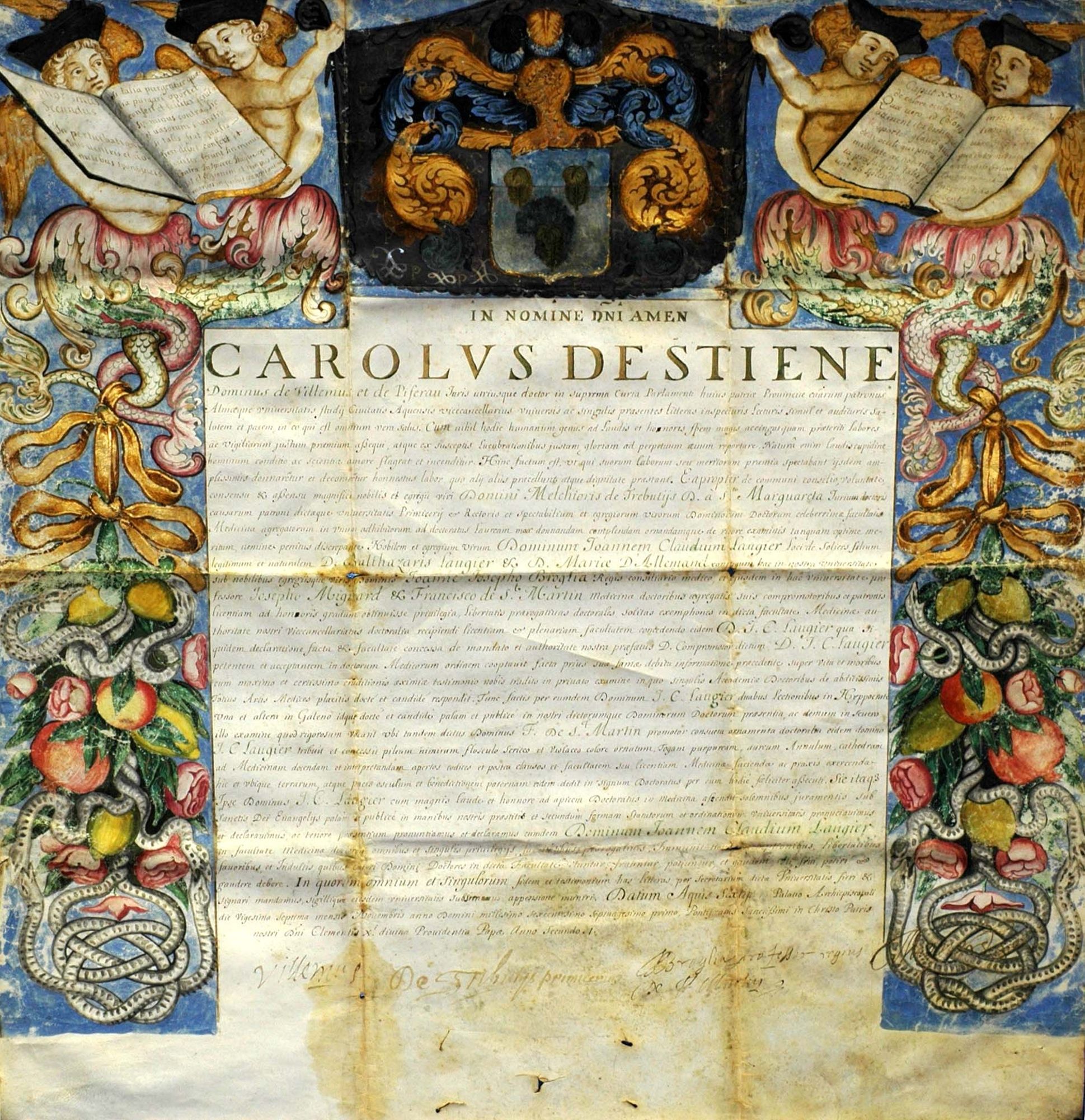 Diplôme enluminé de docteur en Médecine attribué à Jean-Claude Laugier (1671) 2 J 322 / 1