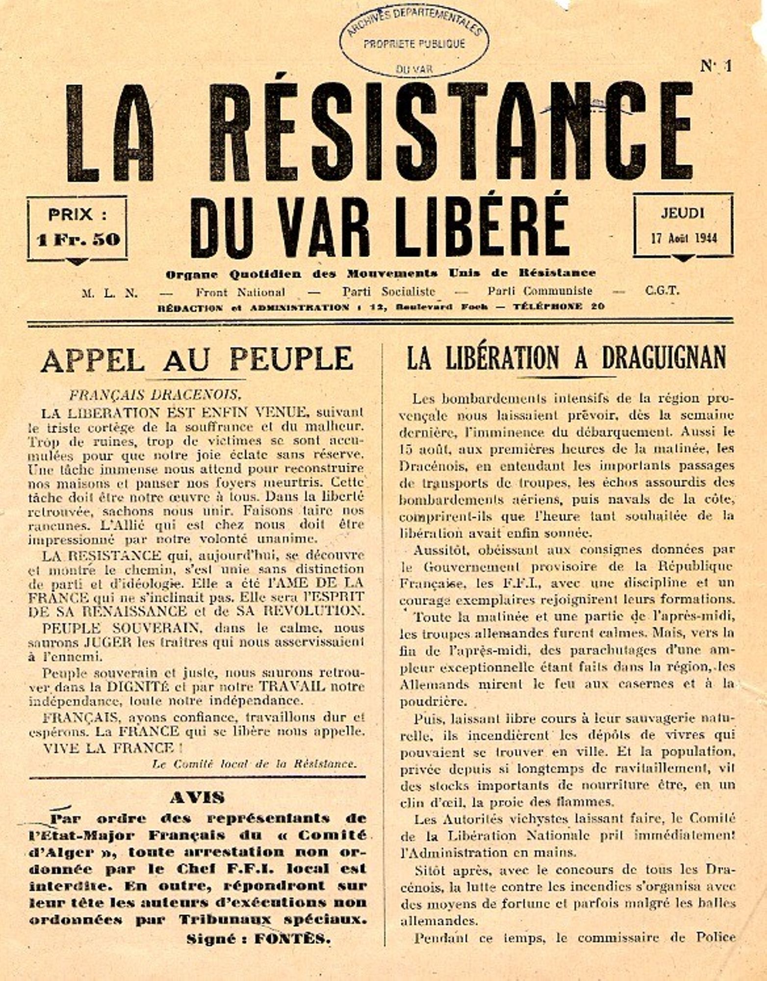 Journal : La Résistance du Var libéré (17 août 1944) 229 PRS