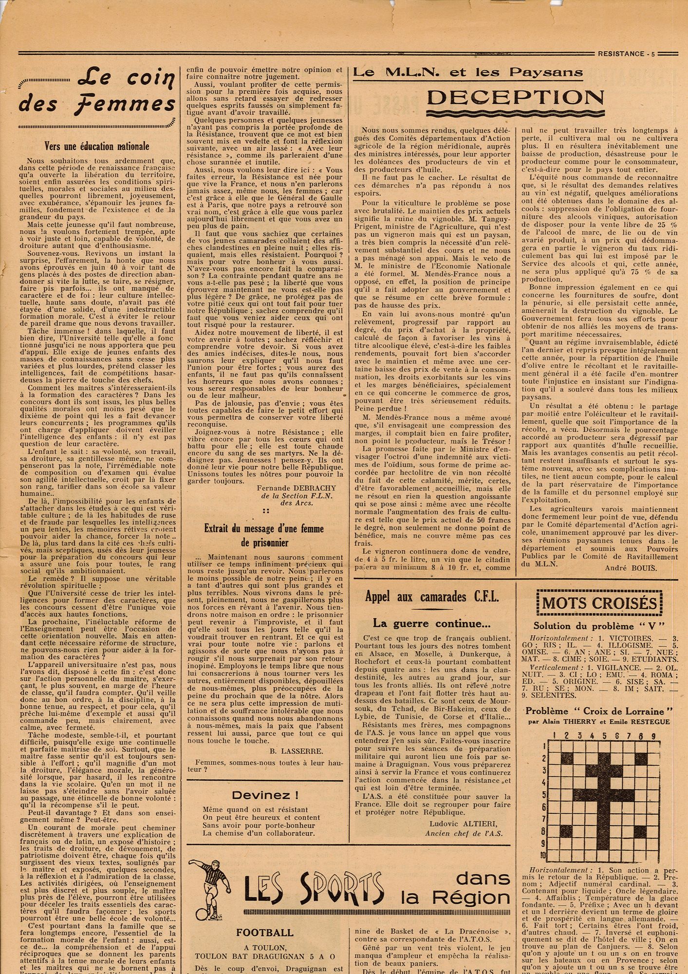 Article du journal "Résistance" du 6 décembre 1944 (39 PRS 1)