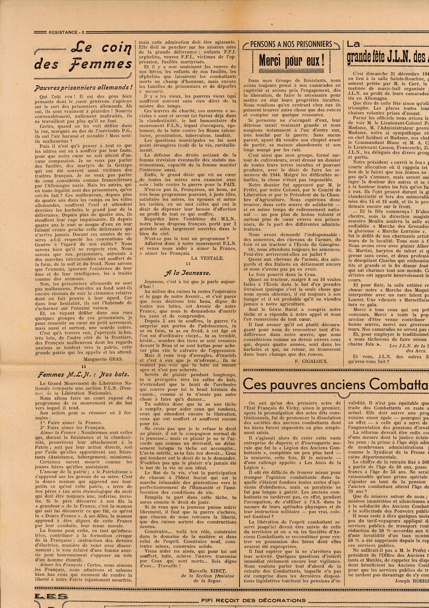 Article du journal "Résistance" du 10 janvier 1945 (39 PRS 1)