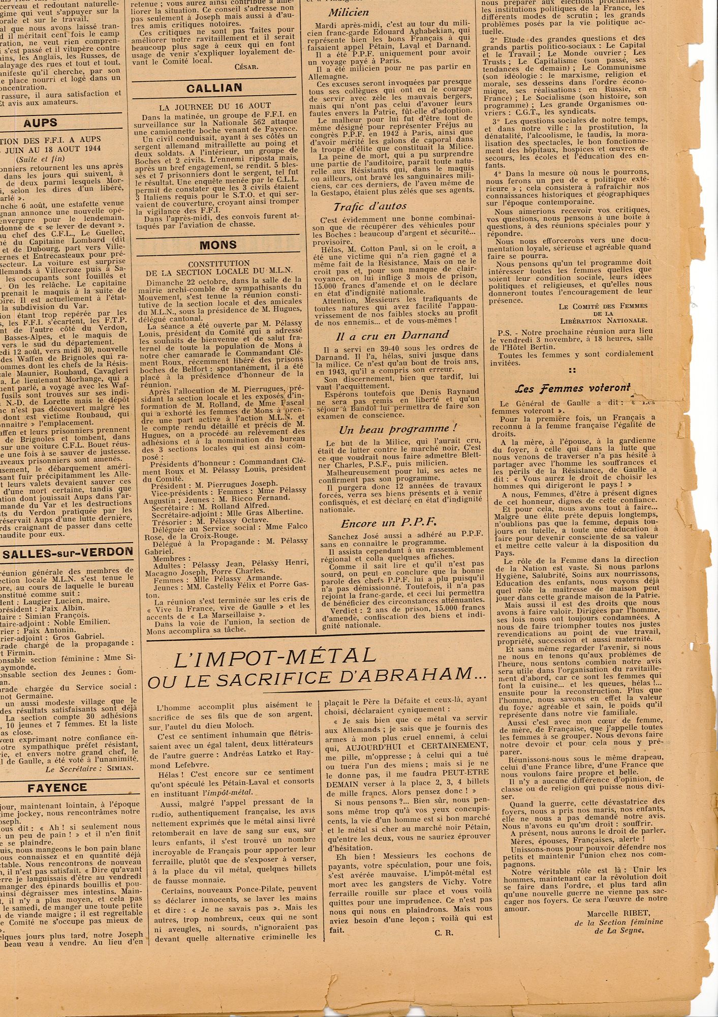 Article du journal "Résistance" du 1er novembre 1944 (39 PRS 1)