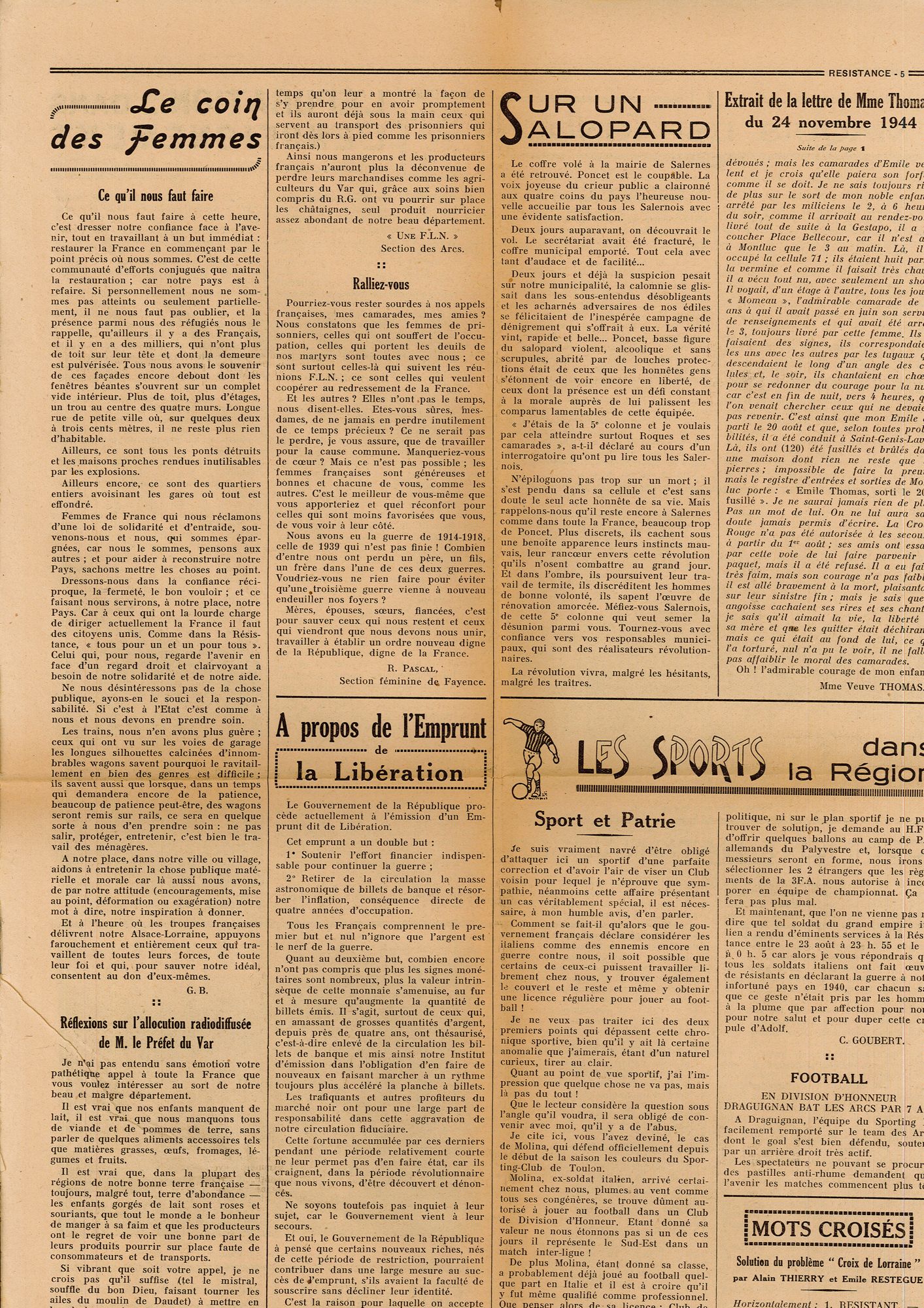 Article du journal "Résistance" du 13 décembre 1944 (39 PRS 1)
