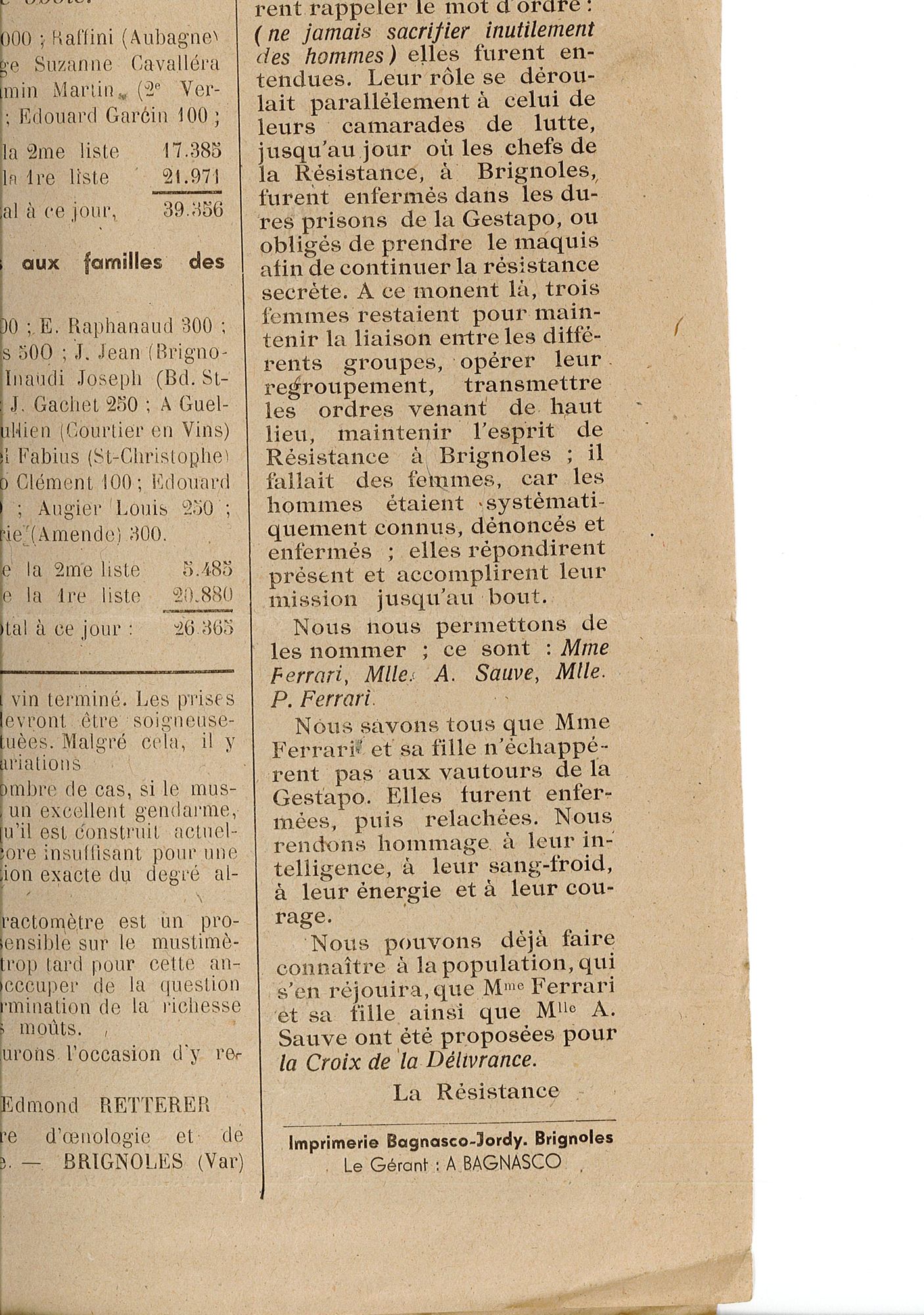 Article du journal "Le Brignolais" du 9 septembre 1944 (43 PRS 1)