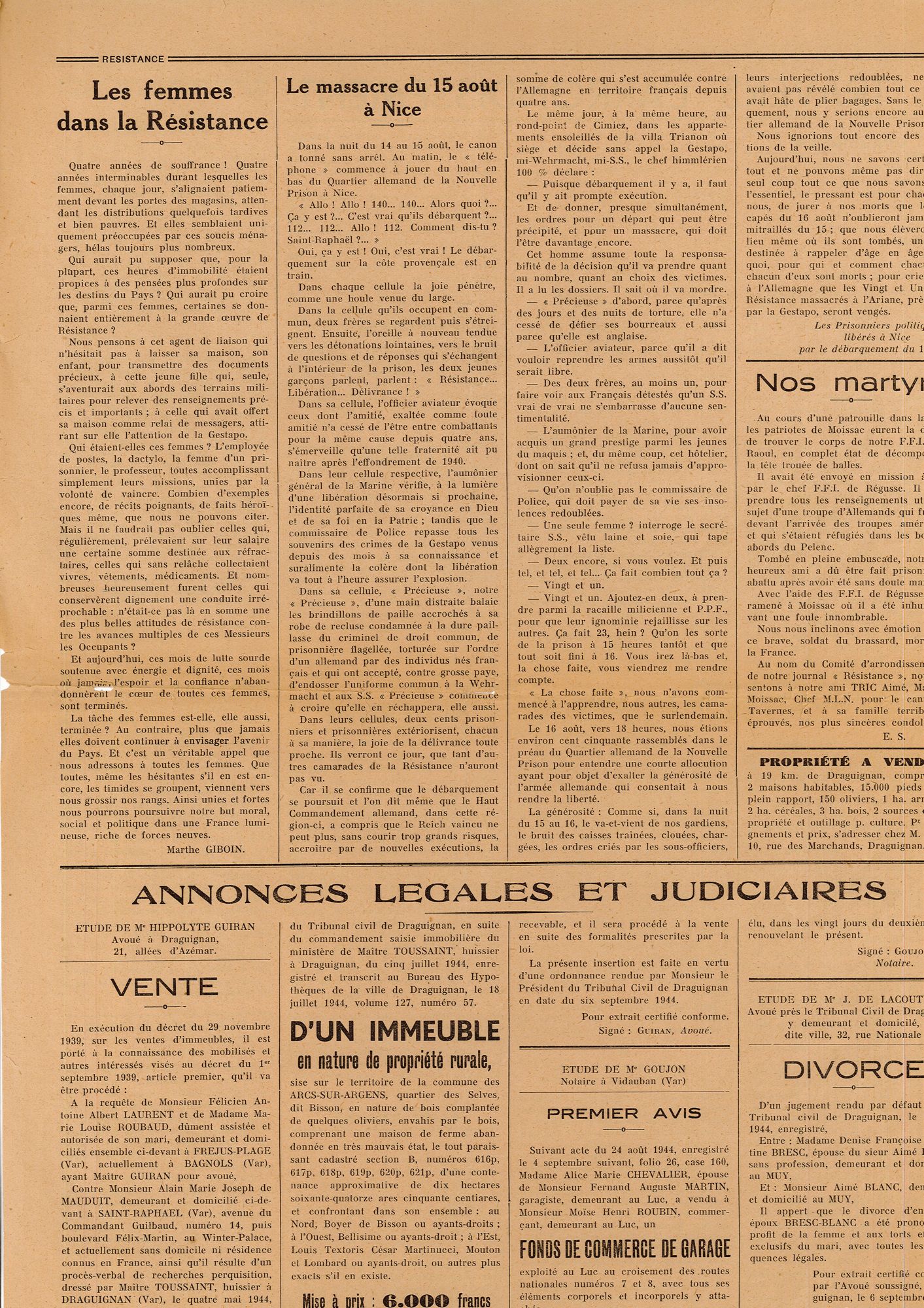 Article du journal "Résistance" du 12 septembre 1944 (39 PRS 1)
