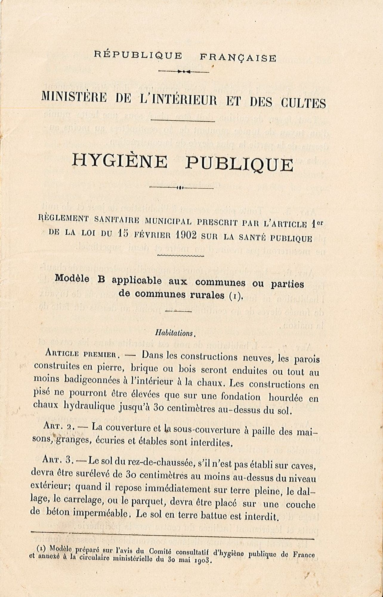 Règlement sanitaire municipal prescrit par la loi du 15 février 1902 (E DEPOT 65)