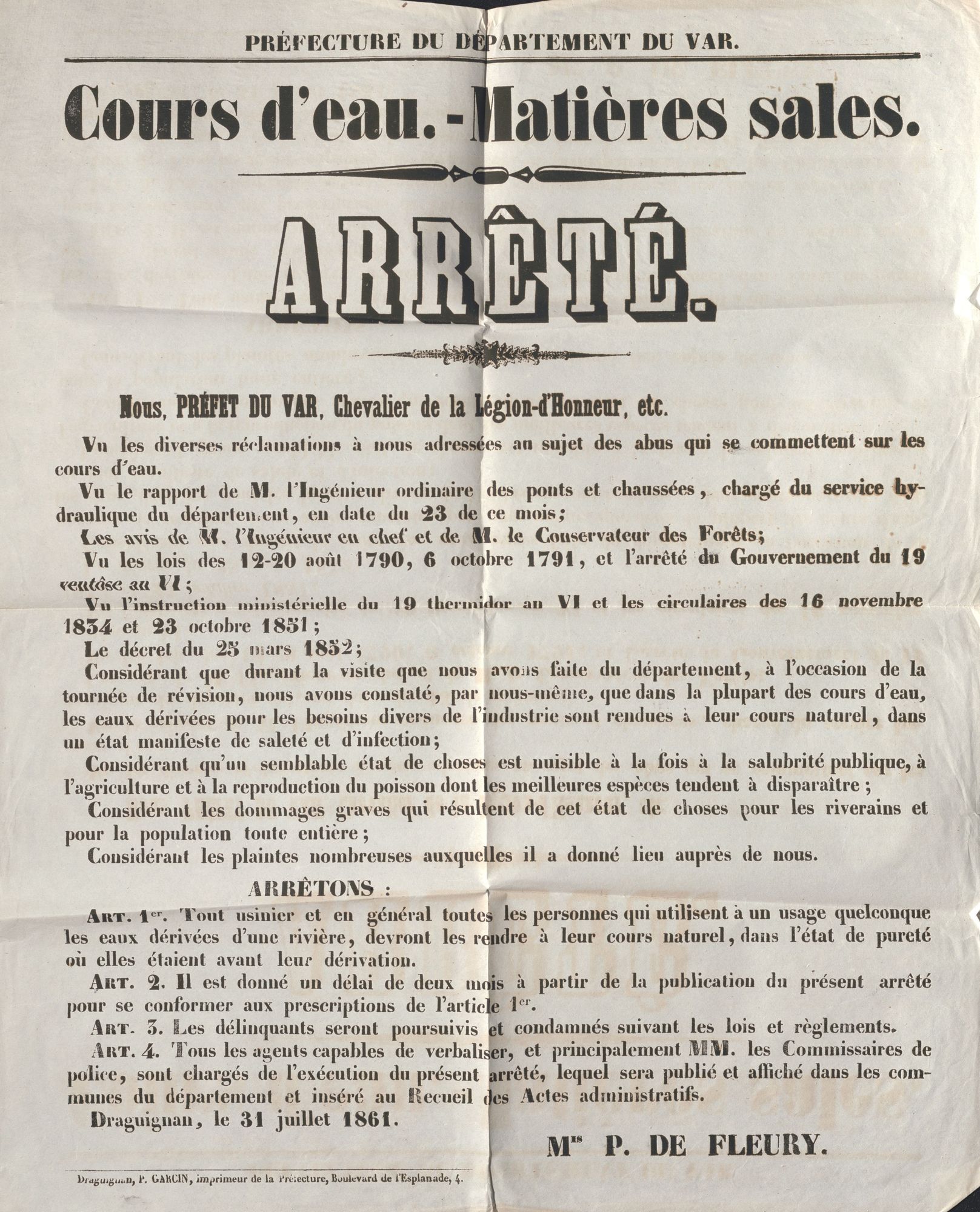 Arrêté préfectoral sur les rejet de matières sales des usines, 1861 (E DEPOT 16 I 25)