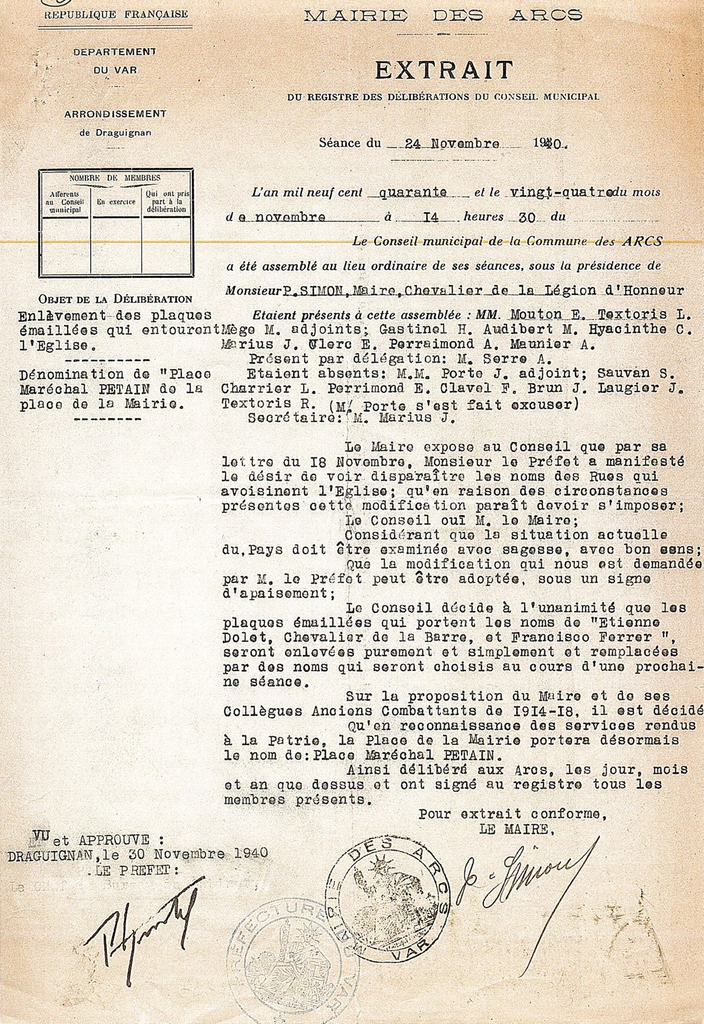 Délibération communale de changement de nom de rue, Les Arcs, 24 novembre 1940, 1 M 293