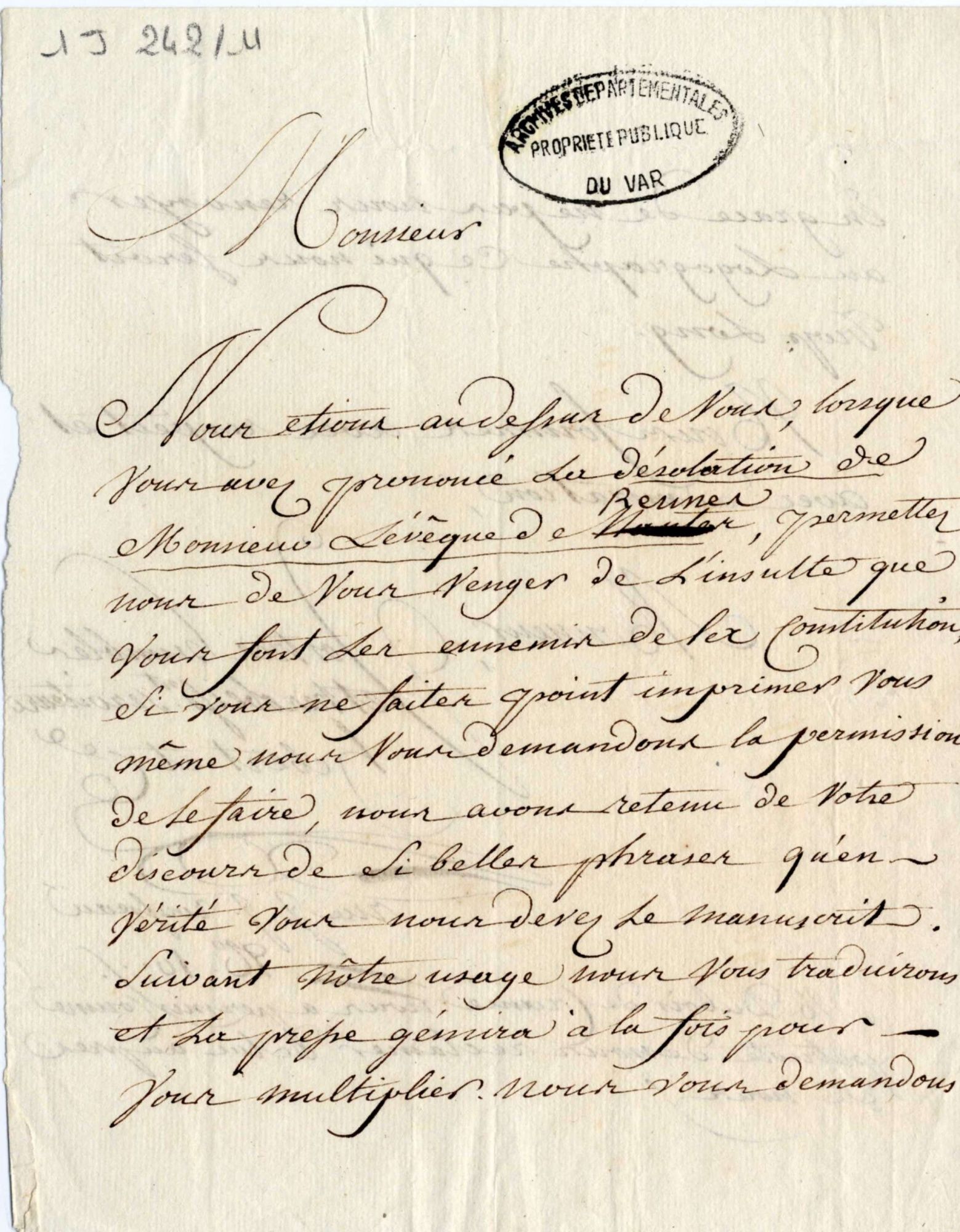 Lettre de Jacques-rené Hébert à Maximin Isnard lui demandant s'il peut faire publier dans son journal son discours sur les prêtres réfractaires (1) 1 J 242