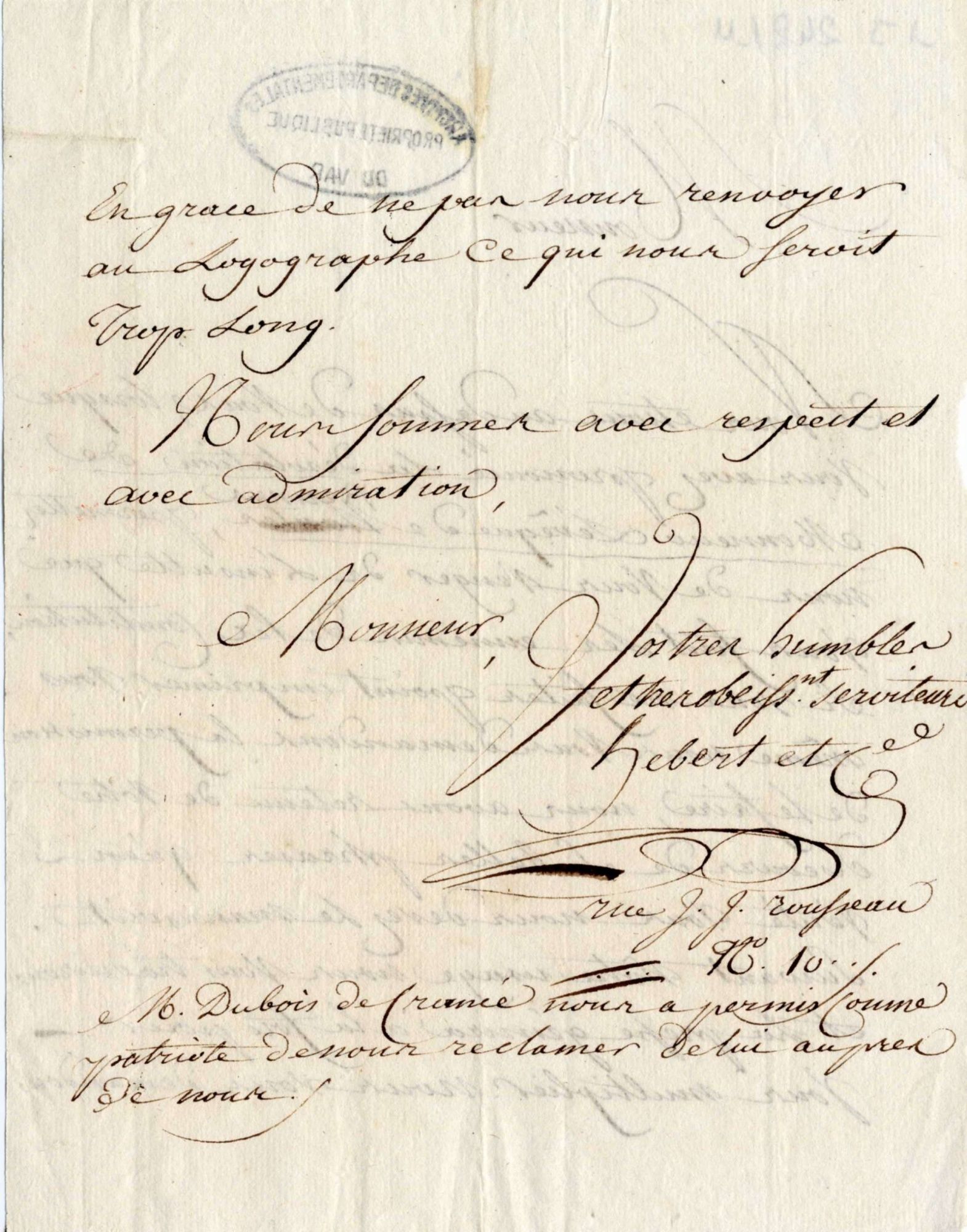 Lettre de Jacques-rené Hébert à Maximin Isnard lui demandant s'il peut faire publier dans son journal son discours sur les prêtres réfractaires (2) 1 J 242