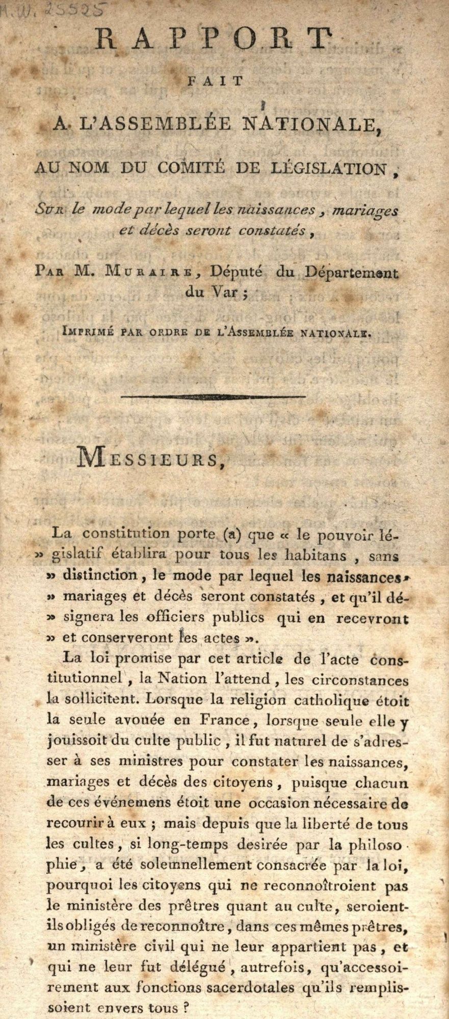 Rapport d'Honoré Muraire à l'origine de la loi de laïcisation de l'Etat civil (1) 1 J 620