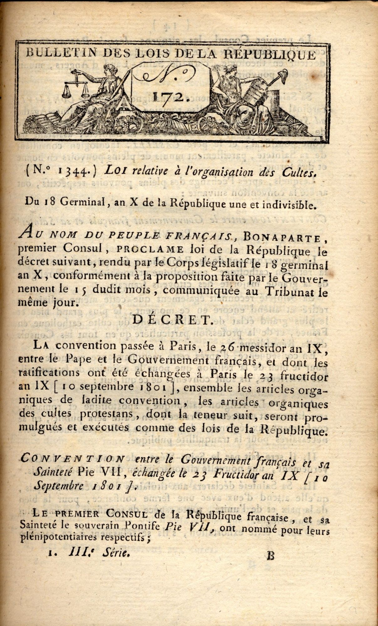 Extrait du recueil des lois de 1802 contenant les articles du concordat passé entre Napoléon Bonaparte et le pape Pie VII (page 1)