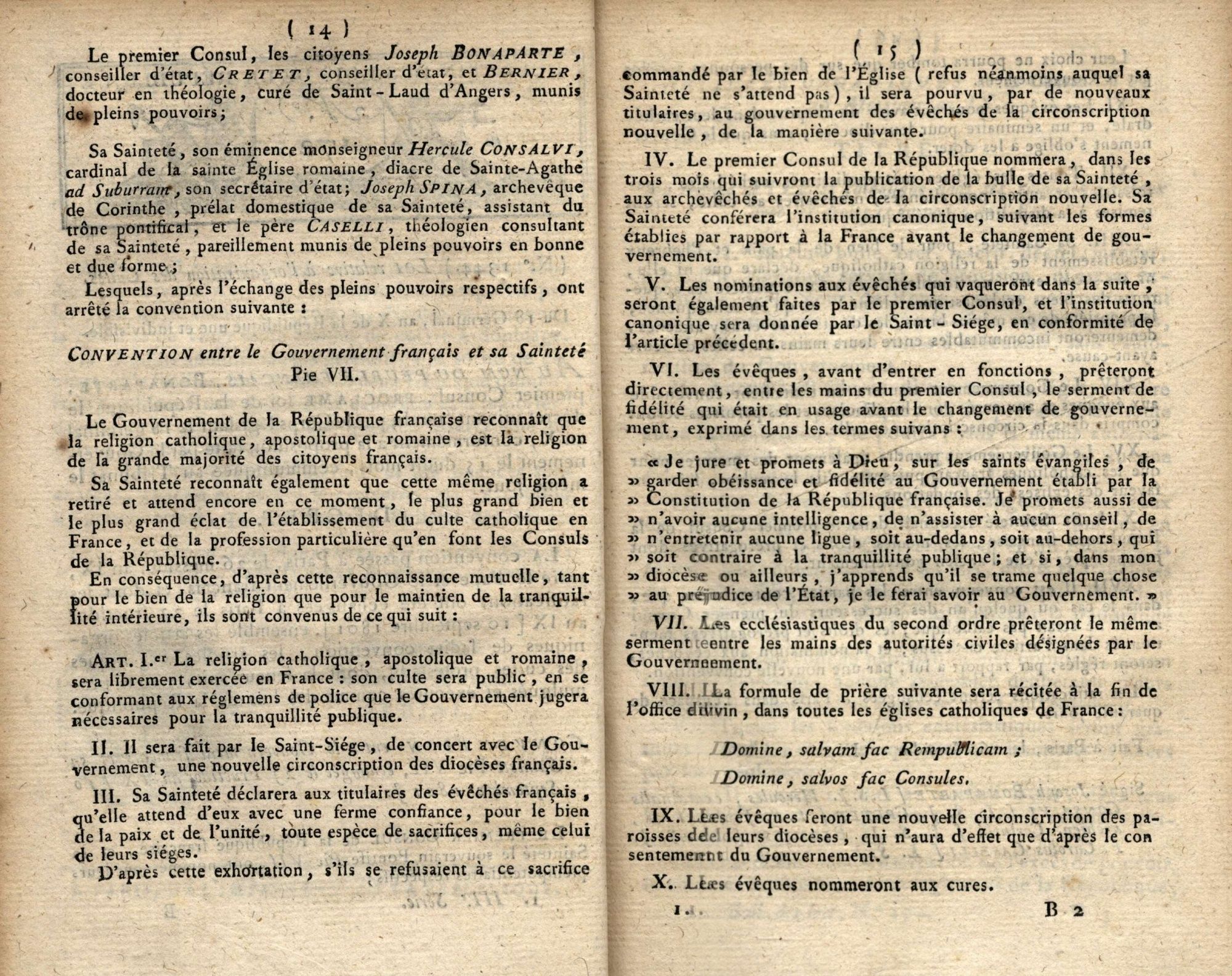 Extrait du recueil des lois de 1802 contenant les articles du concordat passé entre Napoléon Bonaparte et le pape Pie VII (page 2)