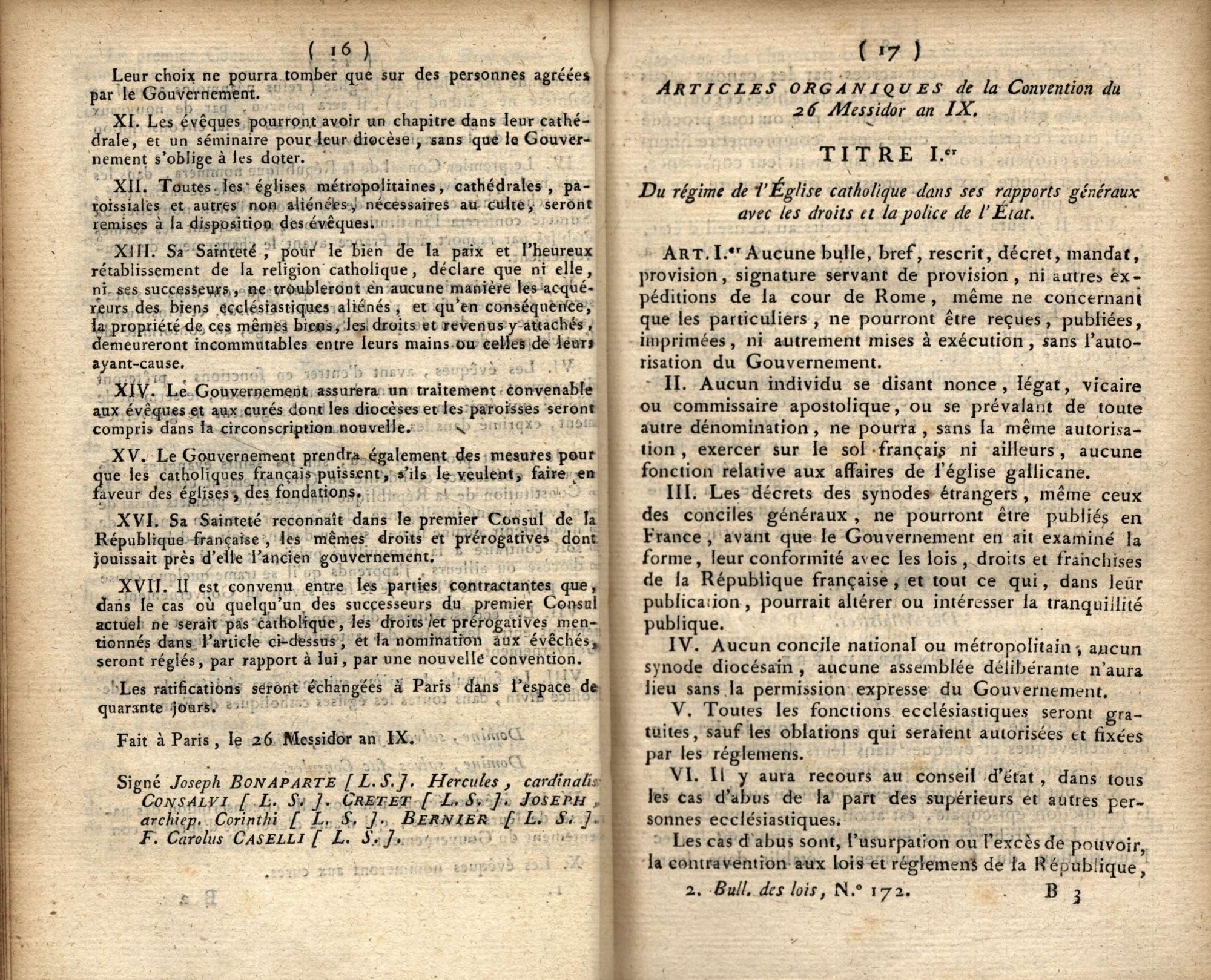 Extrait du recueil des lois de 1802 contenant les articles du concordat passé entre Napoléon Bonaparte et le pape Pie VII (page 3)