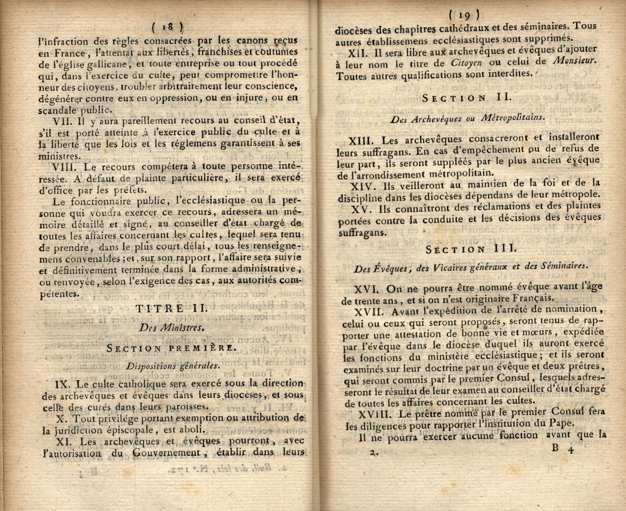 Extrait du recueil des lois de 1802 contenant les articles du concordat passé entre Napoléon Bonaparte et le pape Pie VII (page 4)