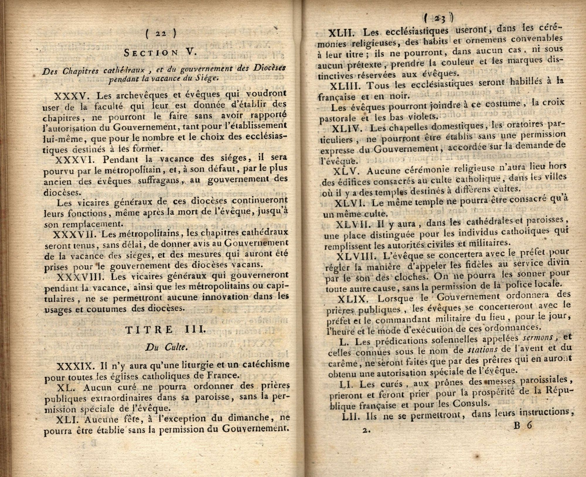 Extrait du recueil des lois de 1802 contenant les articles du concordat passé entre Napoléon Bonaparte et le pape Pie VII (page 6)