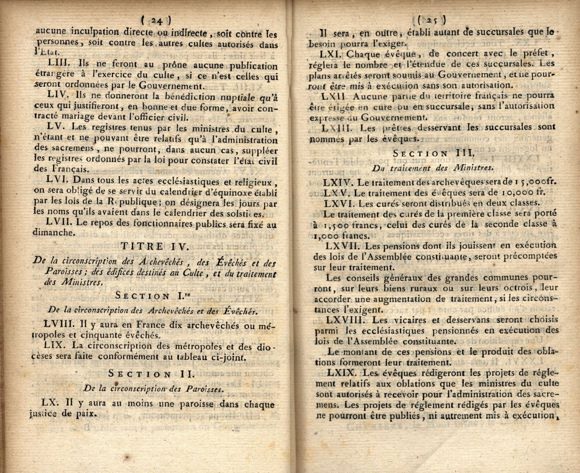 Extrait du recueil des lois de 1802 contenant les articles du concordat passé entre Napoléon Bonaparte et le pape Pie VII (page 7)