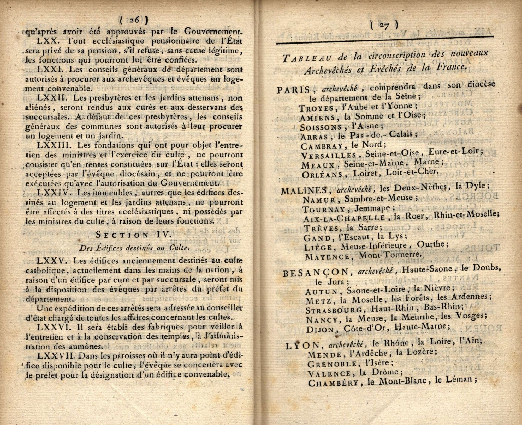 Extrait du recueil des lois de 1802 contenant les articles du concordat passé entre Napoléon Bonaparte et le pape Pie VII (page 8)