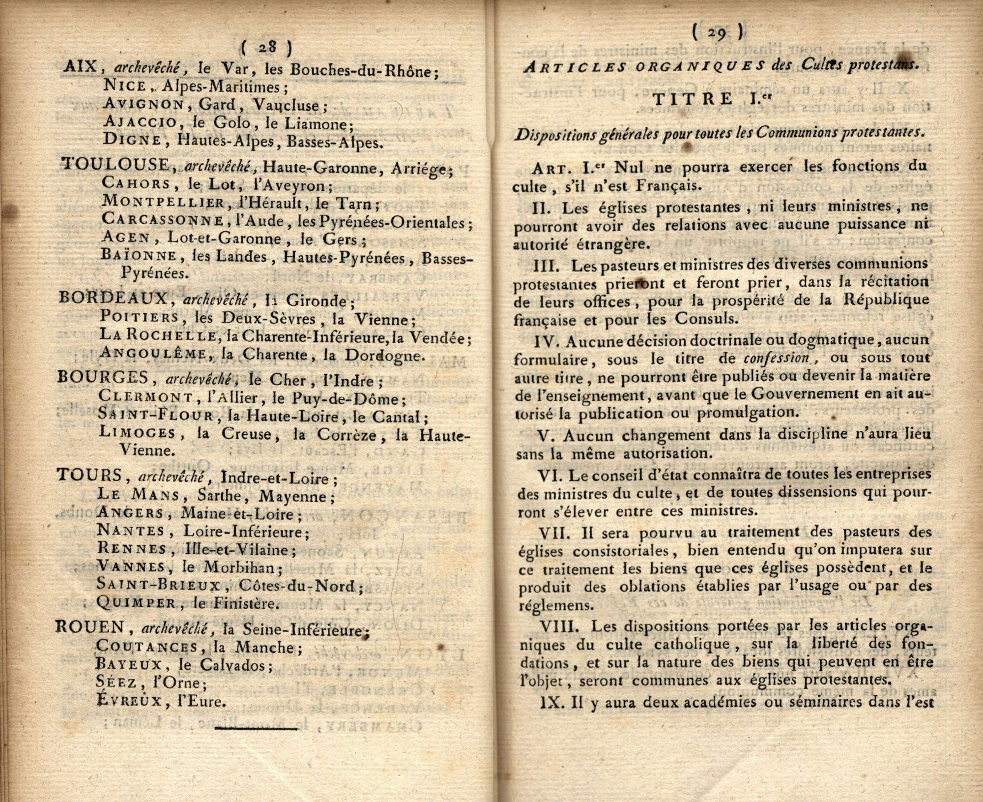 Extrait du recueil des lois de 1802 contenant les articles du concordat passé entre Napoléon Bonaparte et le pape Pie VII (page 9)