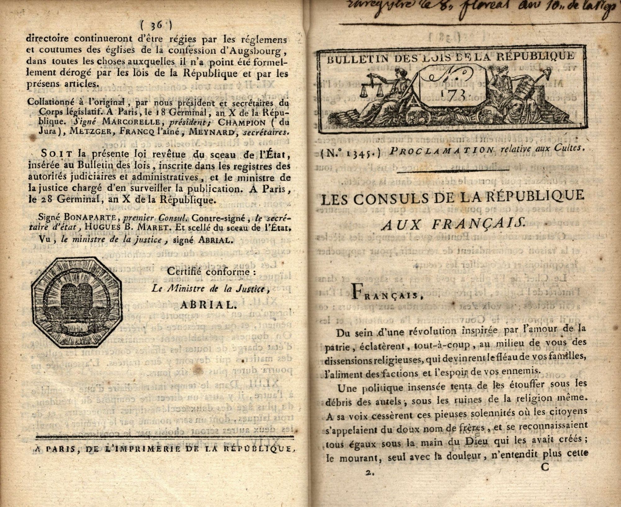 Extrait du recueil des lois de 1802 contenant les articles du concordat passé entre Napoléon Bonaparte et le pape Pie VII (page 13)