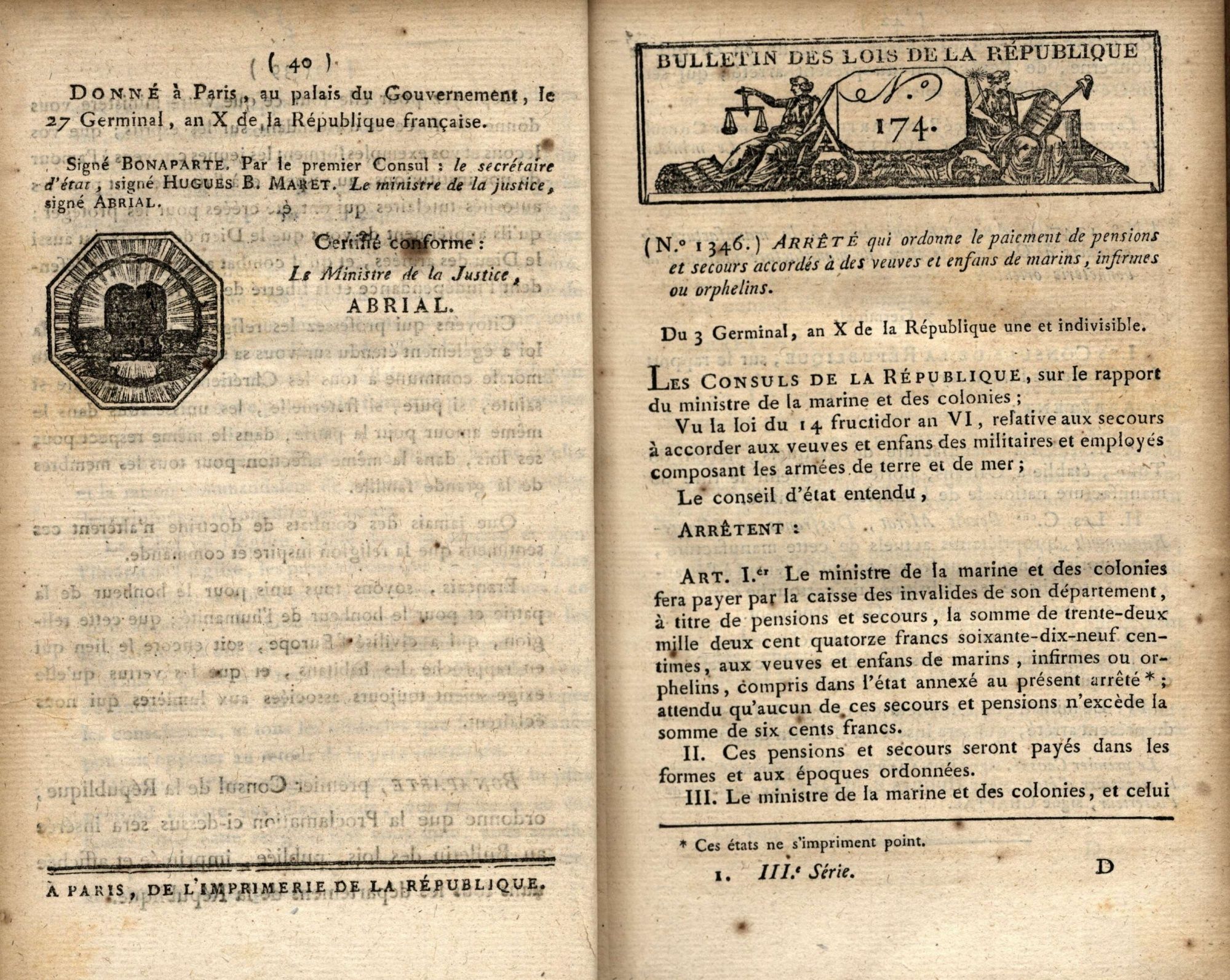 Extrait du recueil des lois de 1802 contenant les articles du concordat passé entre Napoléon Bonaparte et le pape Pie VII (page 15)