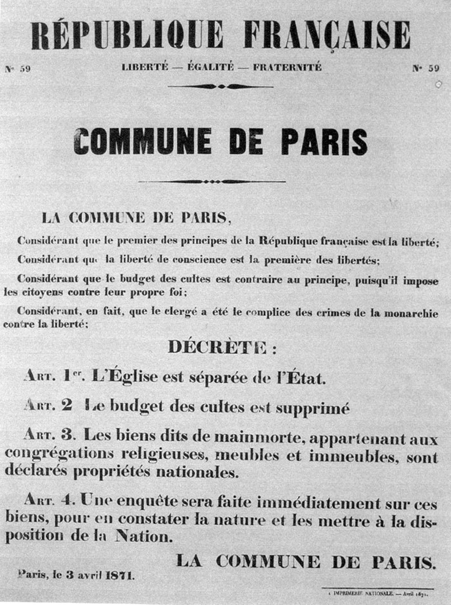 Décret de la commune de Paris instaurant la séparation de l'Eglise et de l'Etat