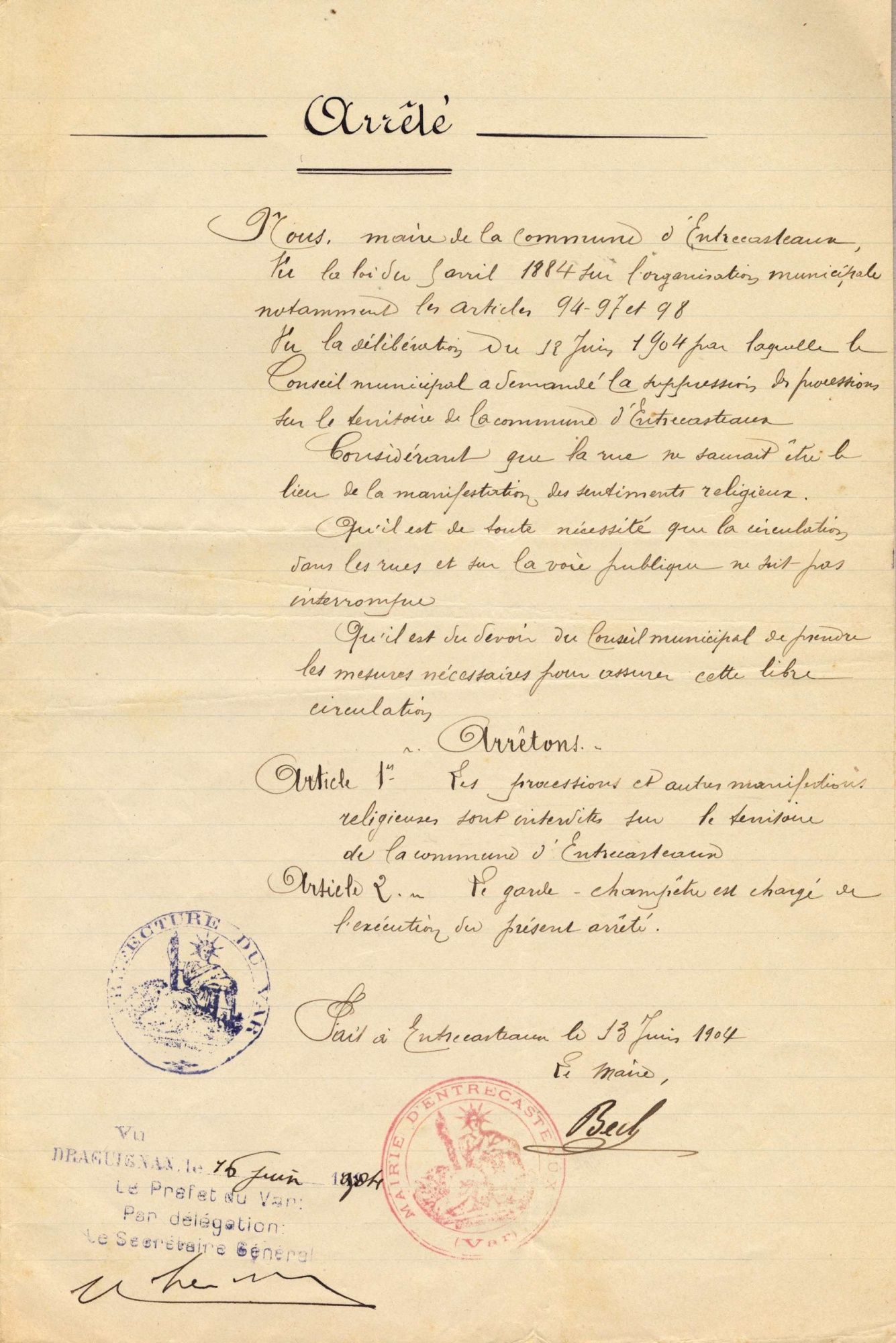 Arrêté municipal de la commune d'Entrecasteaux interdisant les processions daté du 13 juin 1904 (E dépôt 38 / 268)