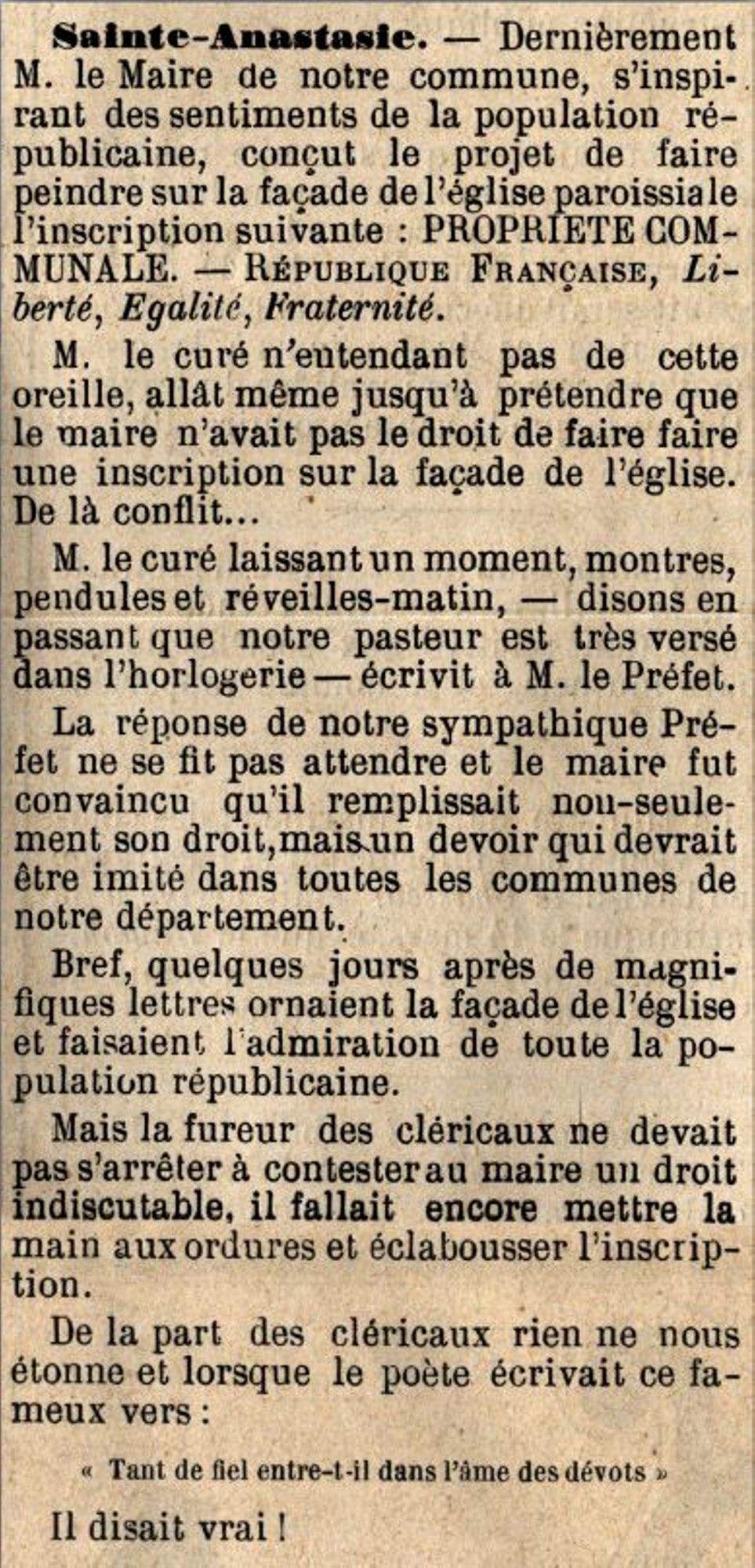 Article du journal "La Région radicale" daté du 19 mars 1882 (82 PRS 1)