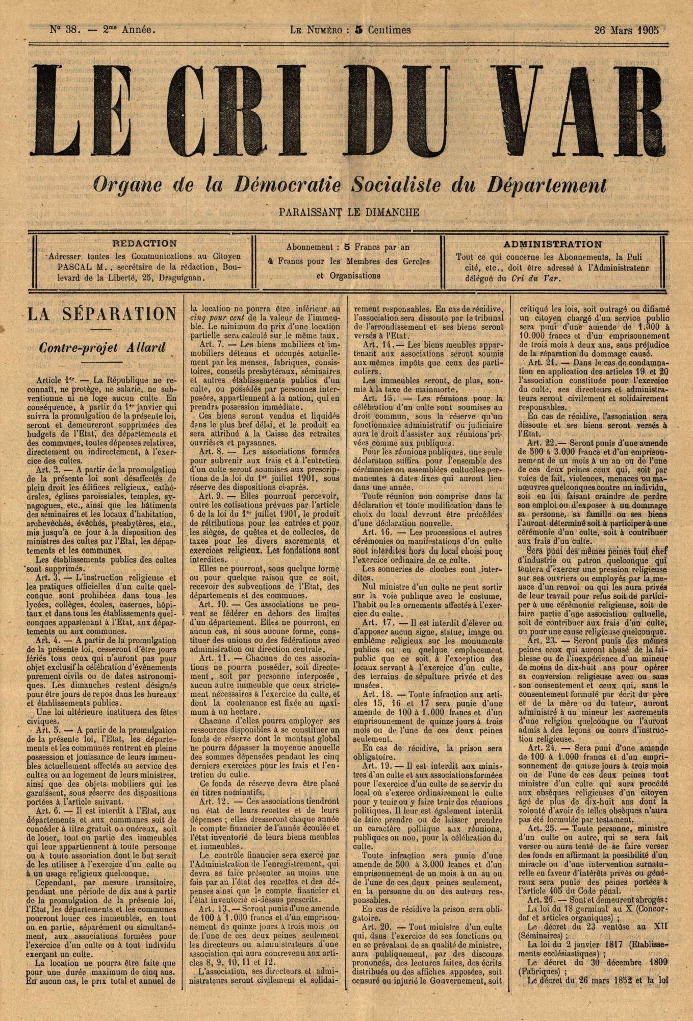 Une du "Cri du Var" datée du 26 mars 1905 dans lequel Maurice Allard présente son contre-projet de séparation des Eglises et de l'Etat (95 PRS 1)